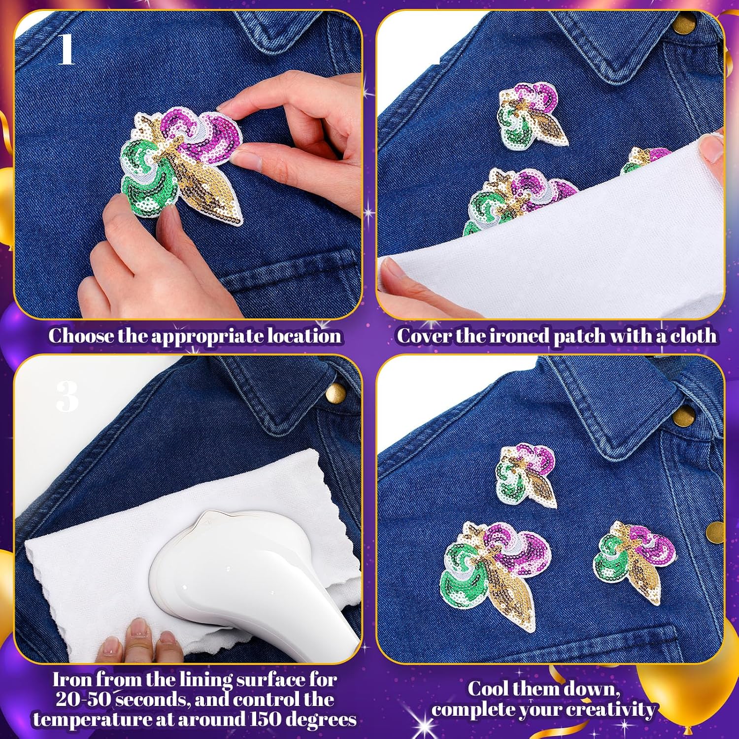 Daifunli 24 Pcs Sequin Iron on Patches, 4 Sizes Fleur, Classic, Multicolor