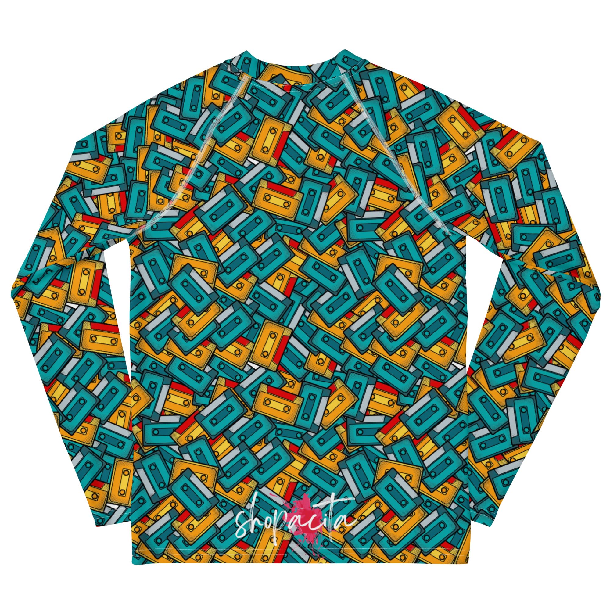 Rashguard Jugend Jungen, Langarm, Badeshirt, Schwimmshirt, Sonnenschutz, Badebekleidung, Schnelltrocknend, UPF 50+, Rash Top mit Print, Rash Guard Shirt, UV Shutz, Pop Art Cassette, 134-158 cm (12)