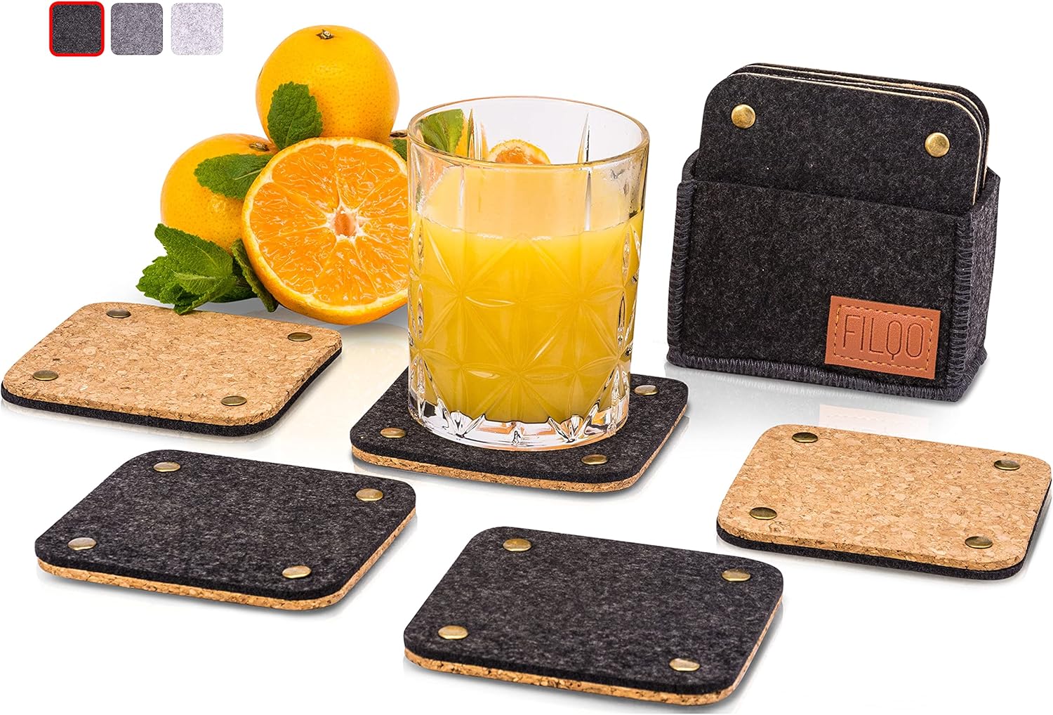 FILQO Felt Cork Coasters Glasses Black Set of 8 Glass Coasters + Box