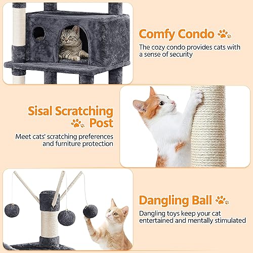 Miniatura 7 de Yaheetech Árbol para gatos de 67 pulgadas torre grande para gatos con postes rascadores casa de juegos para gatos de varios niveles con hamaca cesta