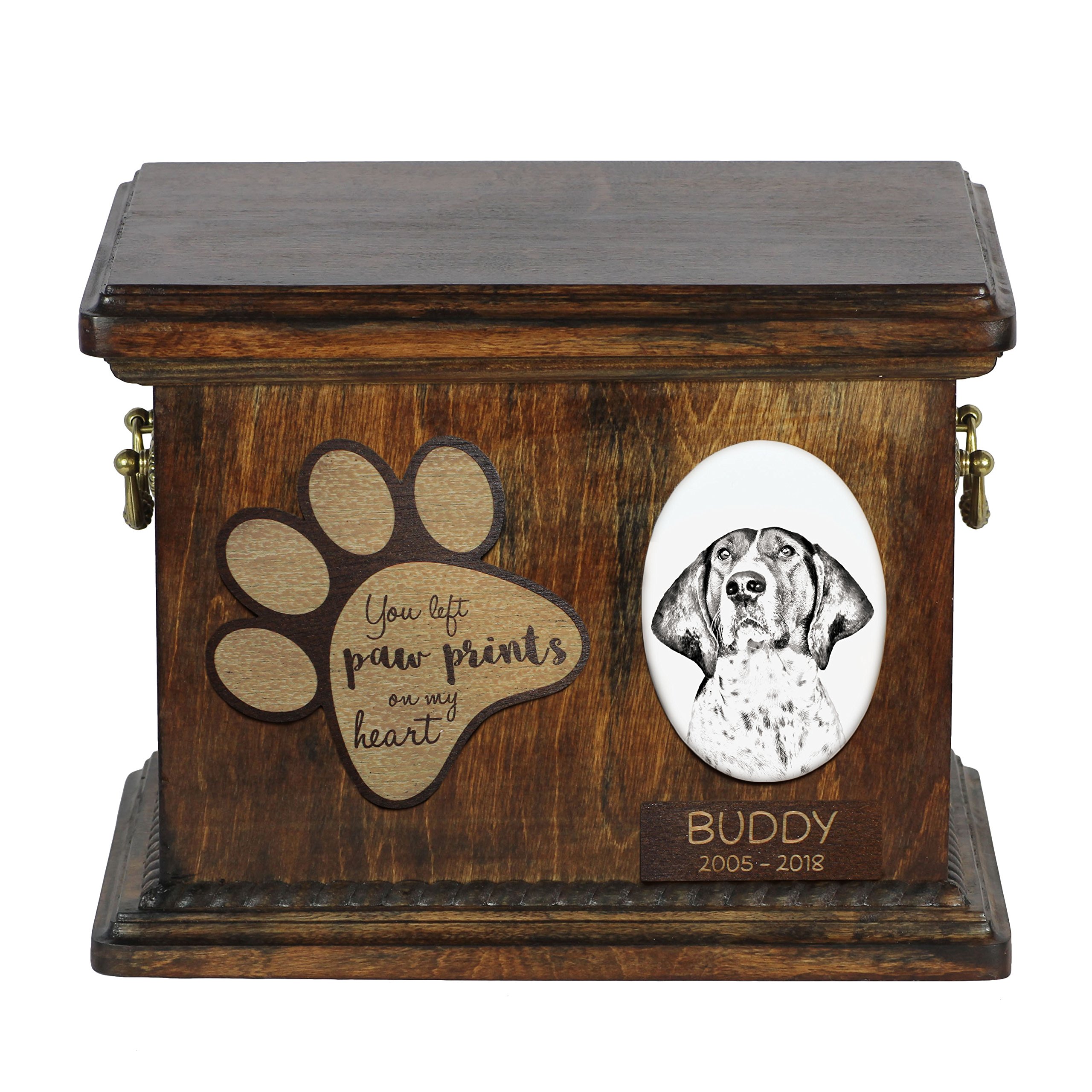 Art-Dog Custom Dog Memorial Urn - Handmade Cold Cast Bronze Portrait on Birch Base with Personalized Ceramic Plate - Elegant Dog Cremation Box – 8,3x11,4x8,7” – Treeing Walker Coonhound — image 1