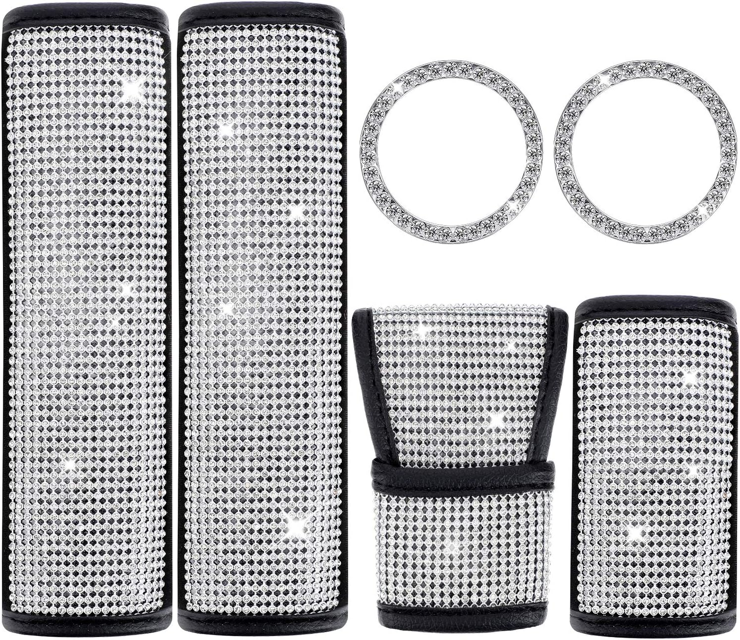 6 Pieces Bling Rhinestone Car Accessories Crystal, Shift Gear Cover, Auto Handbrake Cover, 2 Pieces Seat Strap Belt Shoulder Pads, 2 Pieces Ring Emblem Stickers for Women Girls Car Decoration