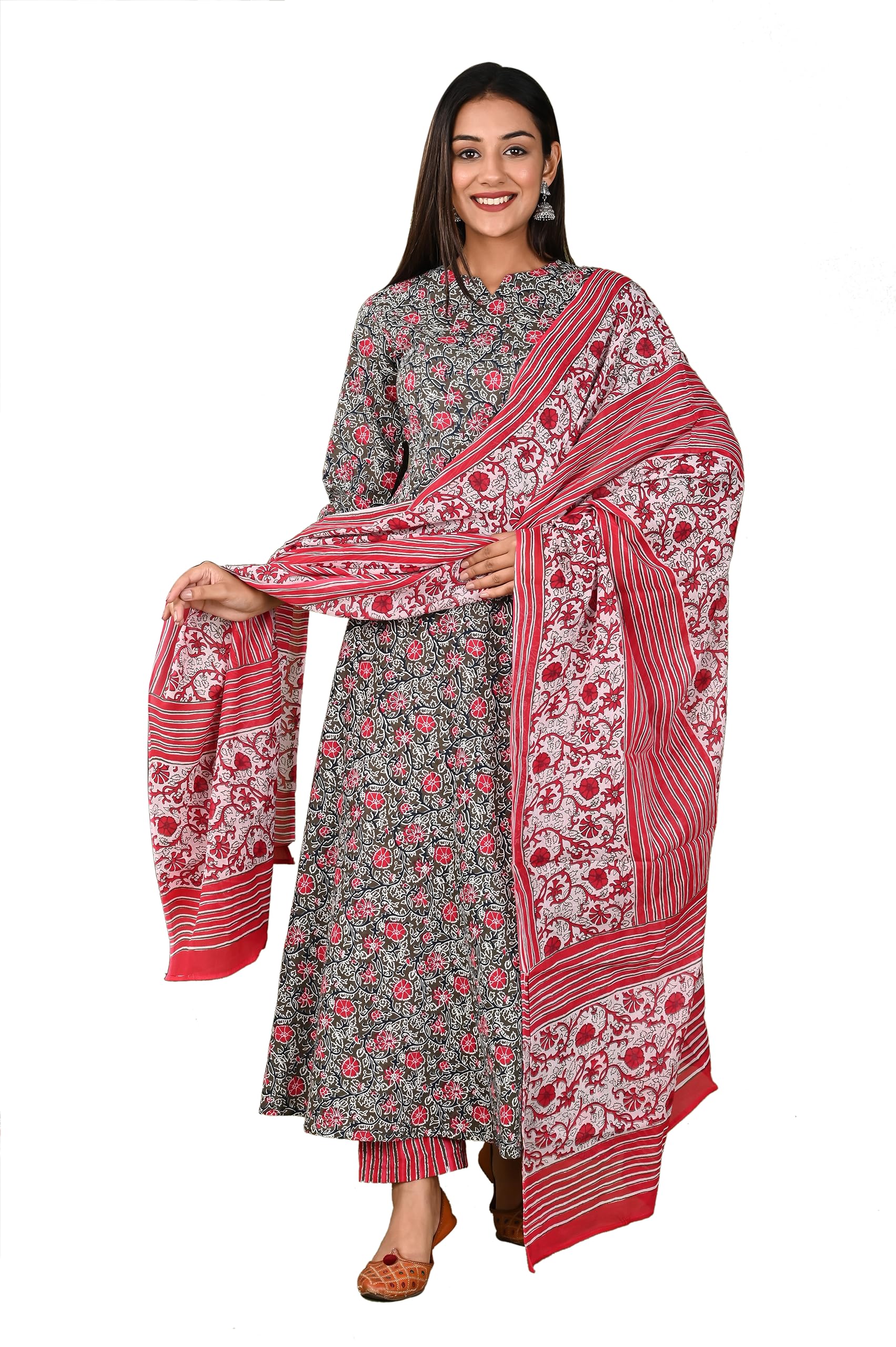 The Trending CompanyWomen's Pure Cotton Anarkali Style Printed Kurta with Pant and Dupatta Set