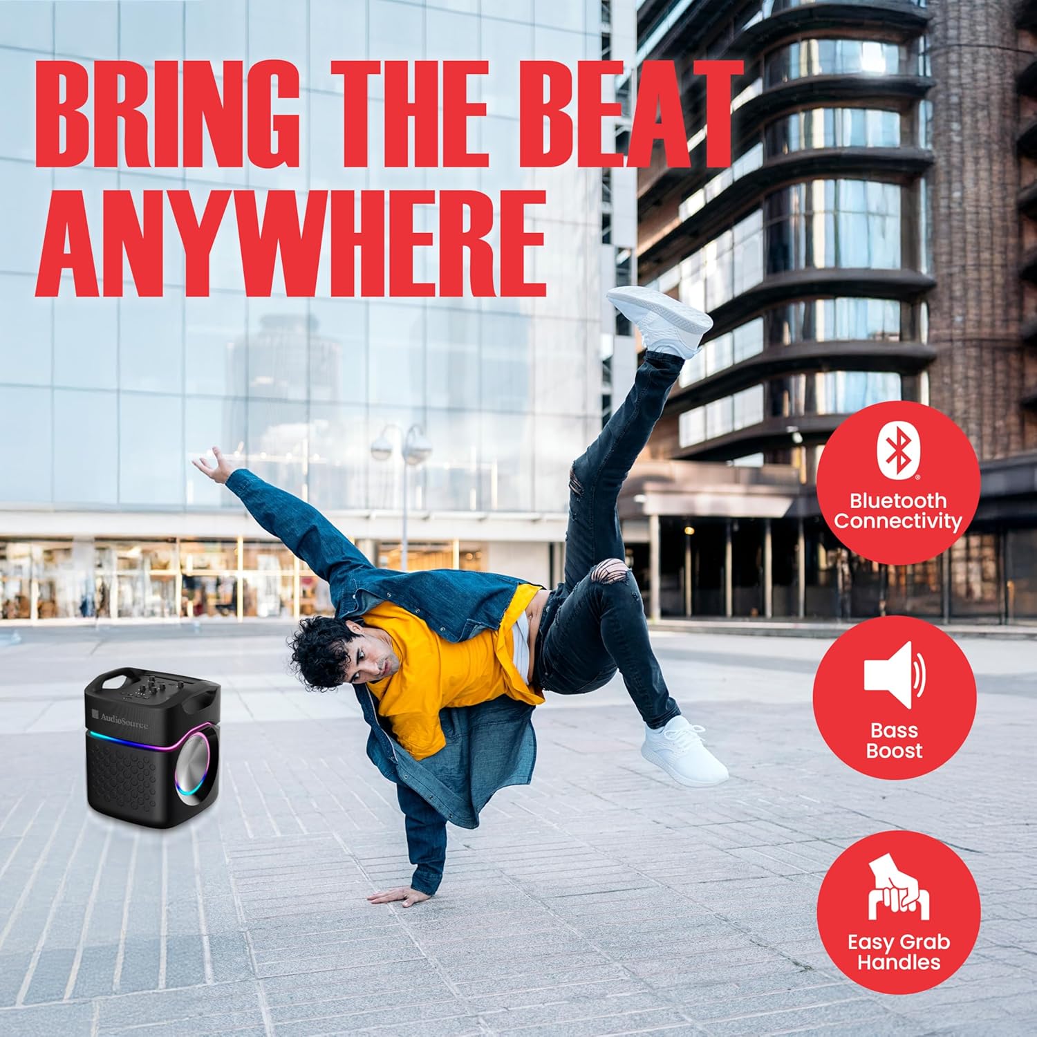 AudioSource 2.1 Channel Party Speaker with Built-in Subwoofer, 160W, RGB Light Modes, Portable Outdoor Karaoke Speaker, Bluetooth 5.3, Dual Mic Inputs, Ultra Bass Boost, Matte Black, AP40 - Image 4