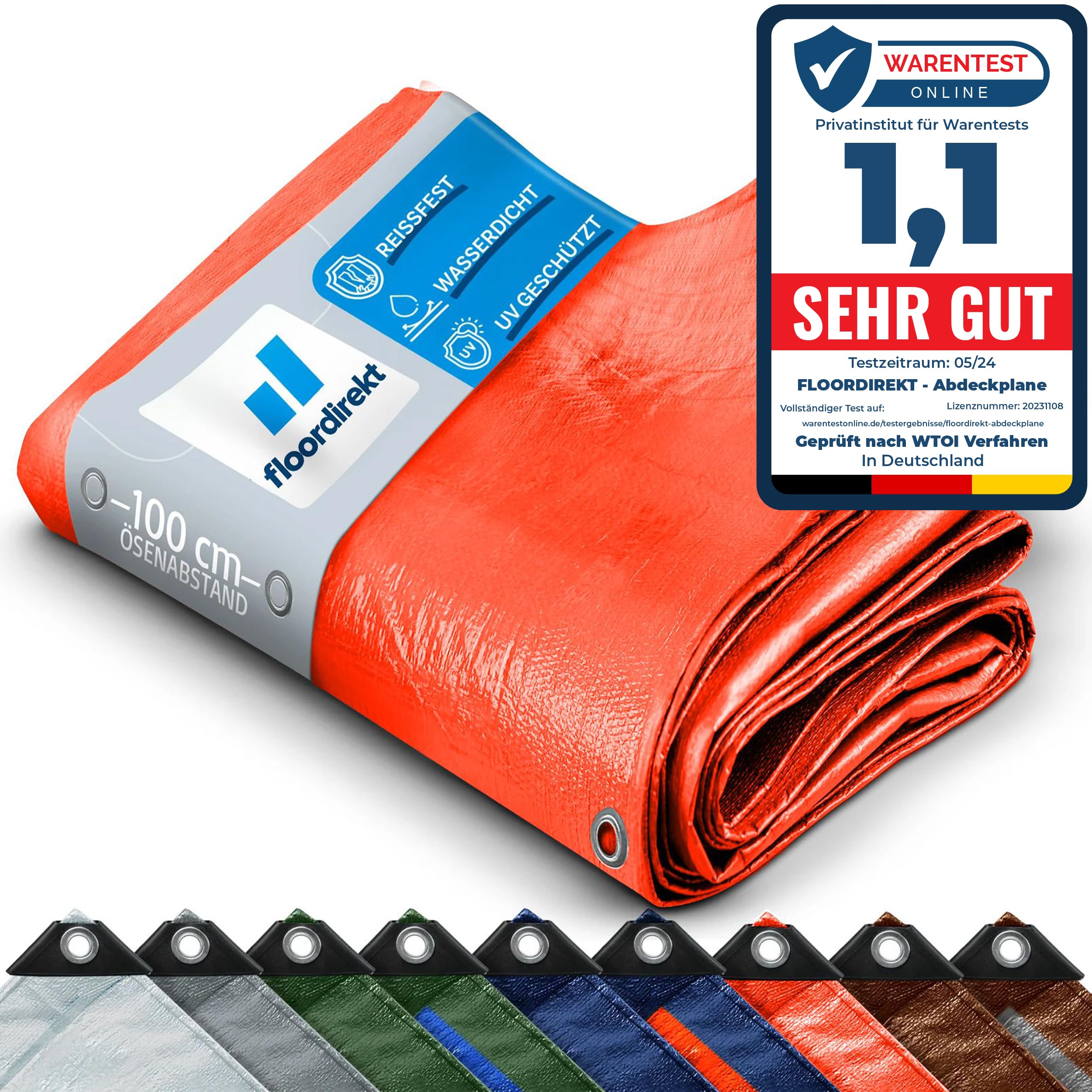 Floordirekt Tarpaulin, All-weather Waterproof, Heavy-Duty Tarp (3 x 5 m (80 g/m²) Orange) Protective Tarpaulin for Tents, Camping Underlay, Outdoor & Garden | With Eyelets