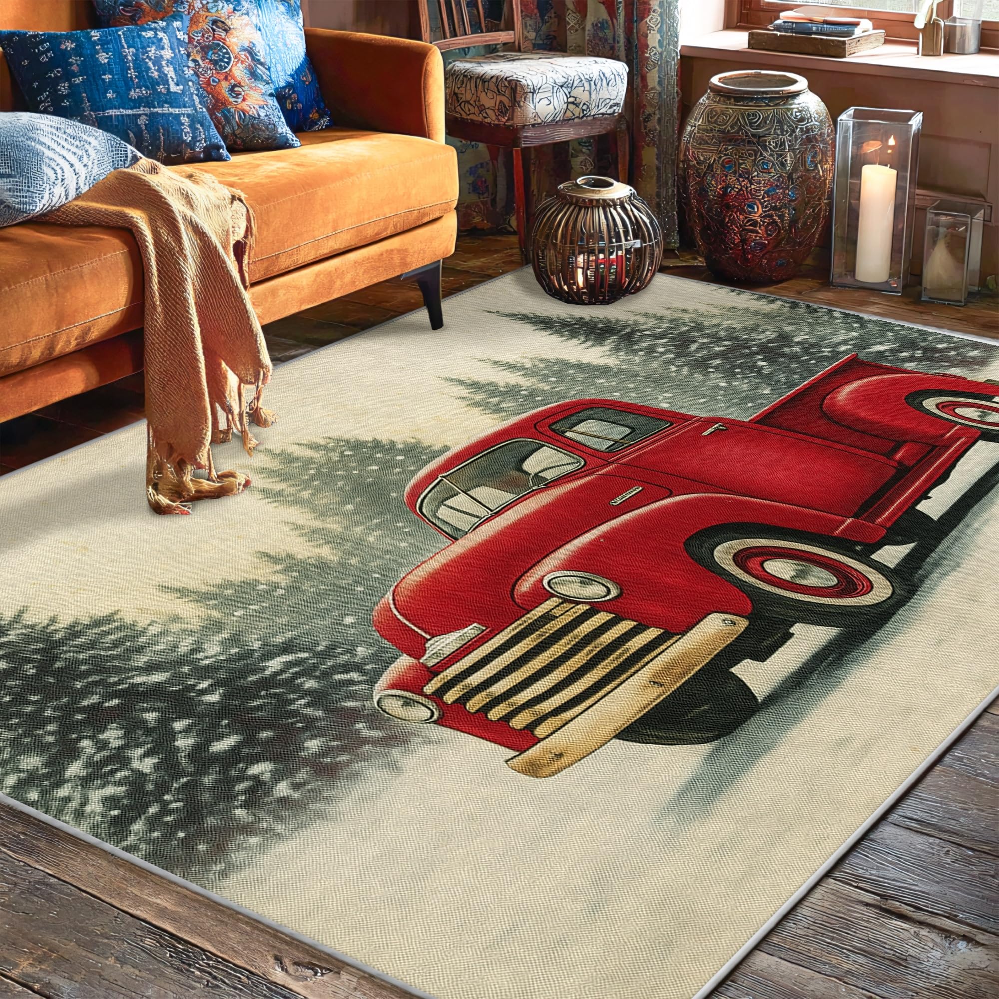 Tapis de sol à poils courts anti-poussière pour camion et salon au motif sapins de Noël