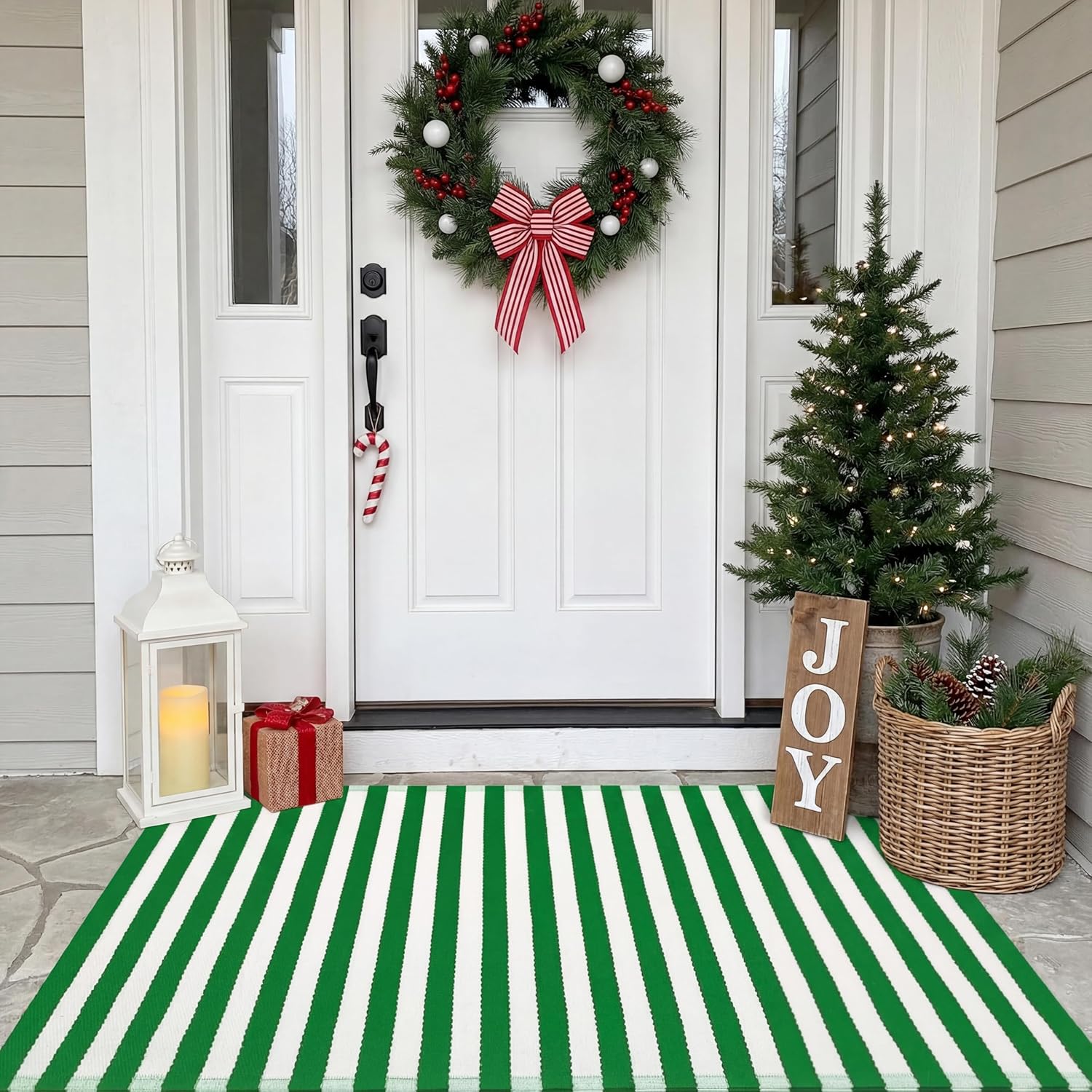 Duraaamo Striped St. Patrick's Day Rug 24 x 35 Inch Green and White Spring Area Rug Machine Washable Front Porch Door Mat Welcome Layered Modern Farmhouse Doormat for Indoor Outdoor Entryway Decor