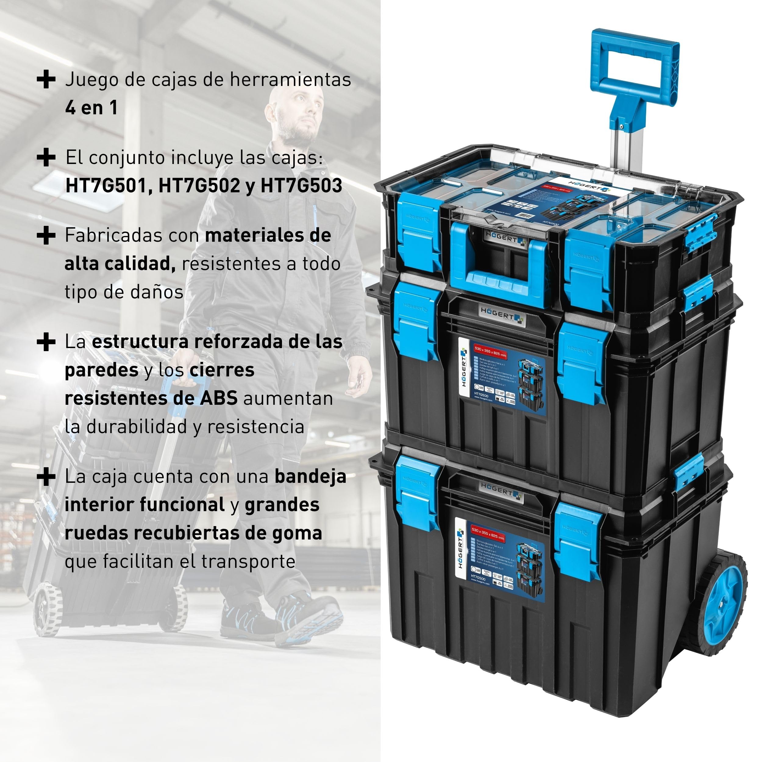 Högert Technik - Set de Cajas 4 en 1 HT7G500, Caja Herramientas con Ruedas, Resistente a Daños, Maletin Herramientas a Prueba de Polvo, Cierres Robustos de ABS, Estructura Modular