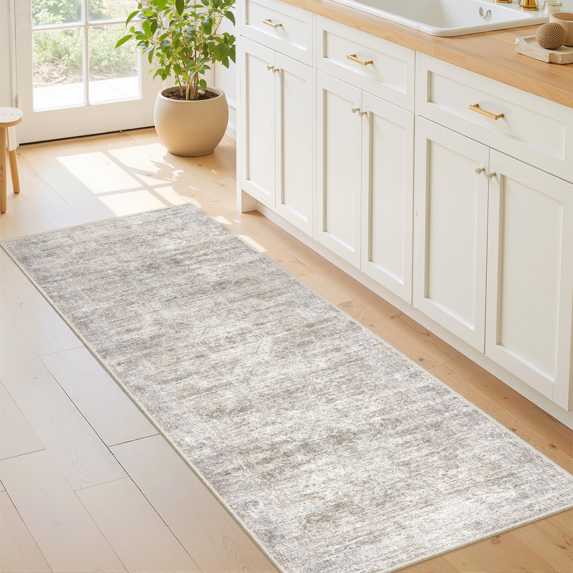 Restydon 2x5 Rug Runner Washable for Entryway, Soft Bathroom Rugs with Non-Slip Backing, Abstract Low Pile Hallway Runner, Vintage Small Kitchen Carpet for Stair, Laundry Room(2'x5', Brown/Grey/Ivory) — image 1