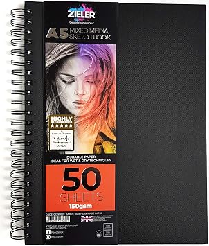Hardback Spiral Mixed Media Sketch Book 150gsm 50 Sheets - by ZielerTM. Ideal for use with Pencils, Charcoal, Graphite, Pastels & Light Watercolour. Perforated & Acid Free Sheets - 5.8" x 8.3" A5