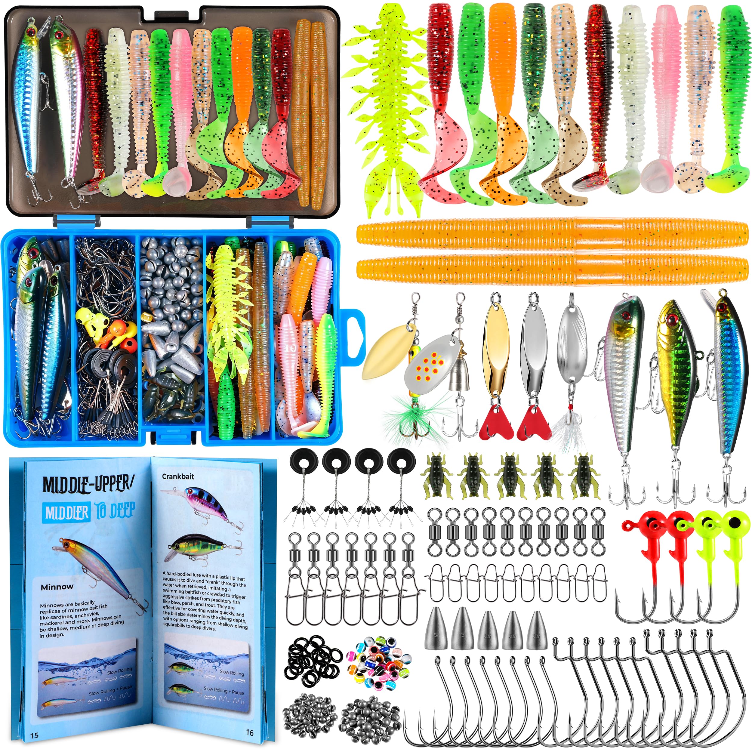 PLUSINNO Fishing Lures, 137Pcs Tackle Box with Tackle Included, Crankbaits, Spoon, Hooks, Weights &amp; Other Accessories, Fishing Bait Lure Gear Kit Gift for Men Bass Freshwater