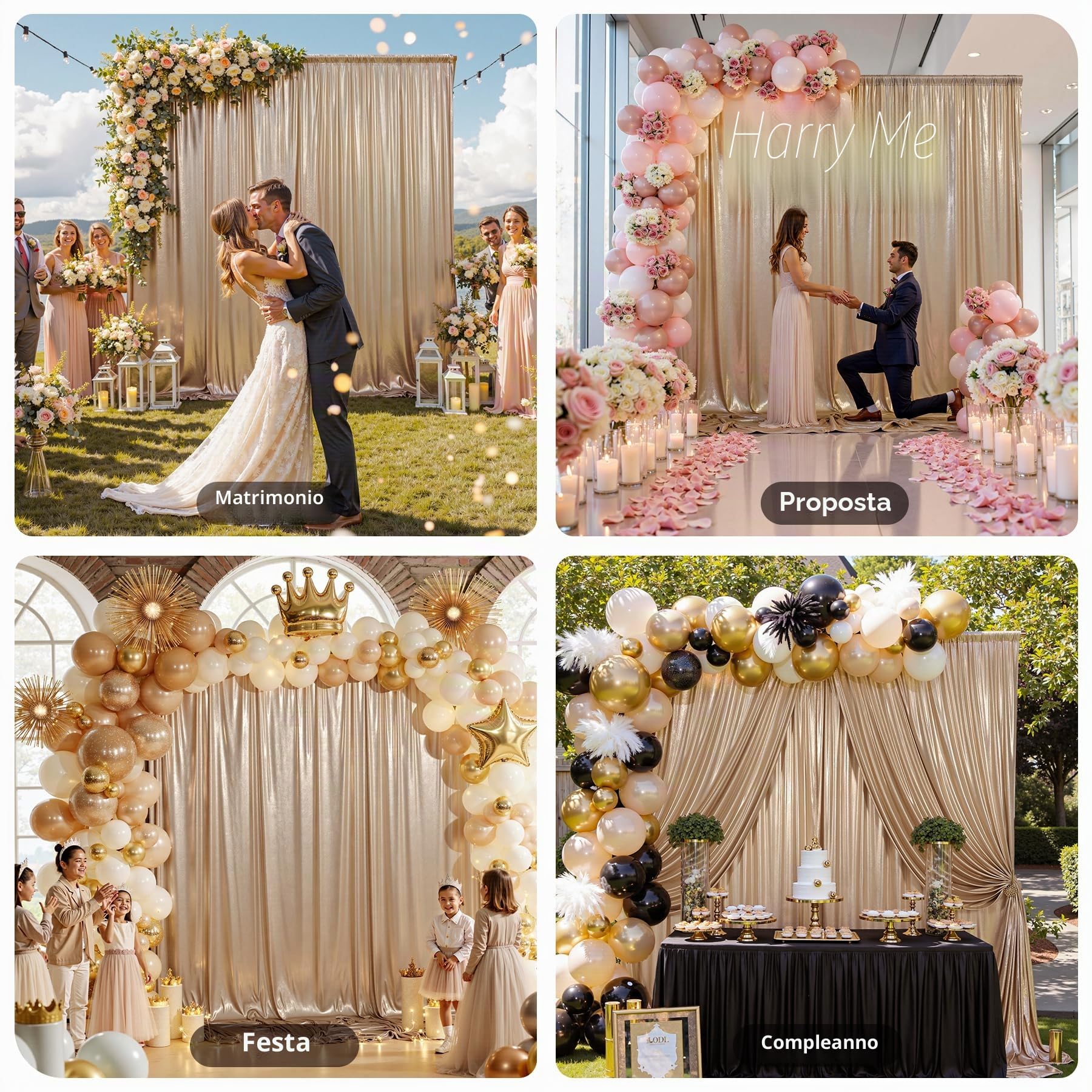 3 x 3 m, tenda con glitter champagne oro – 2 pezzi, 1,5 x 3 m, sfondo con paillettes senza pieghe, tende in tessuto decorativo luccicante per matrimoni, compleanni, servizi fotografici, festa di