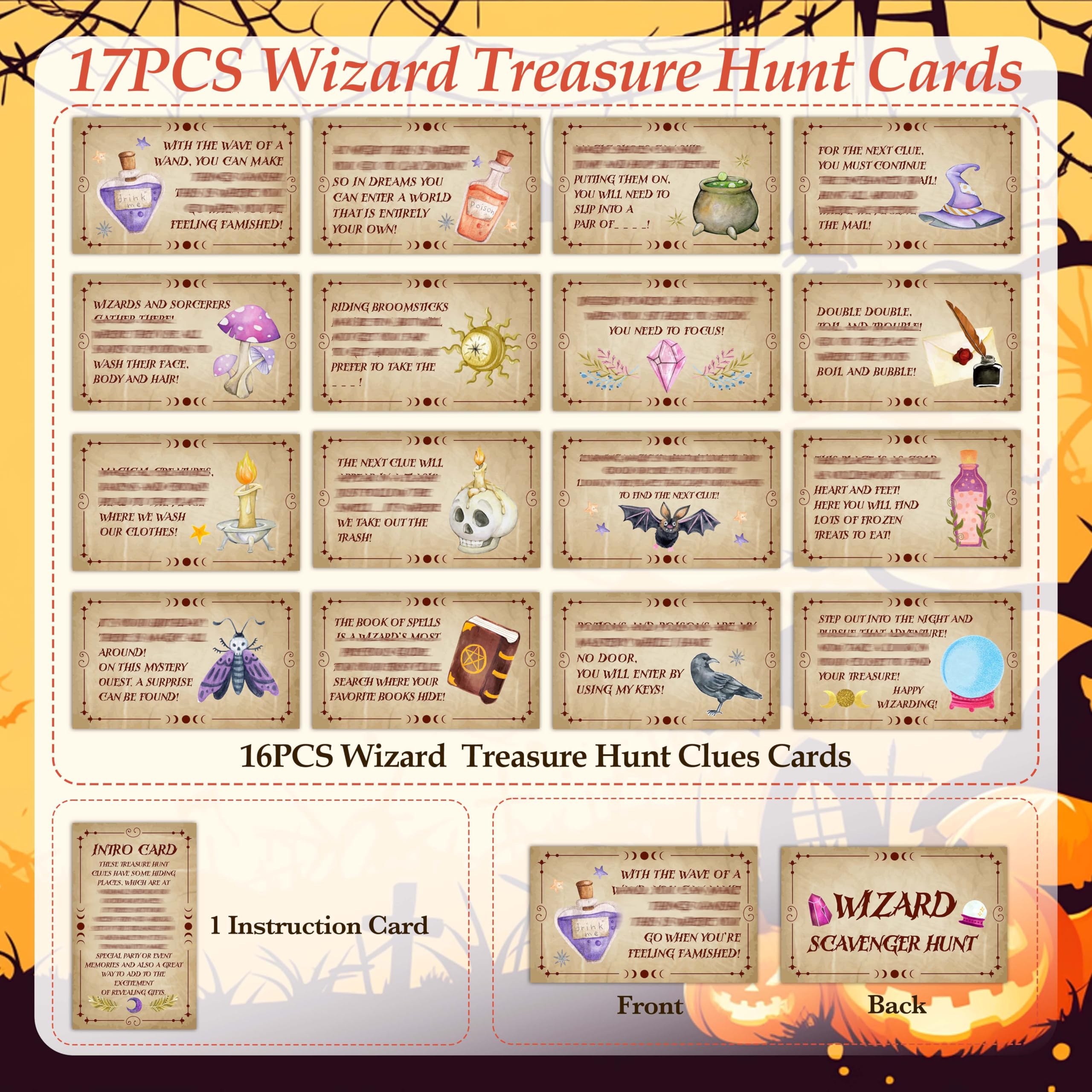 Tarjetas de búsqueda del tesoro de magos, juegos de búsqueda del tesoro de Halloween para adultos, suministros de fiesta de cumpleaños, actividades al aire libre en interiores (17 tarjetas de