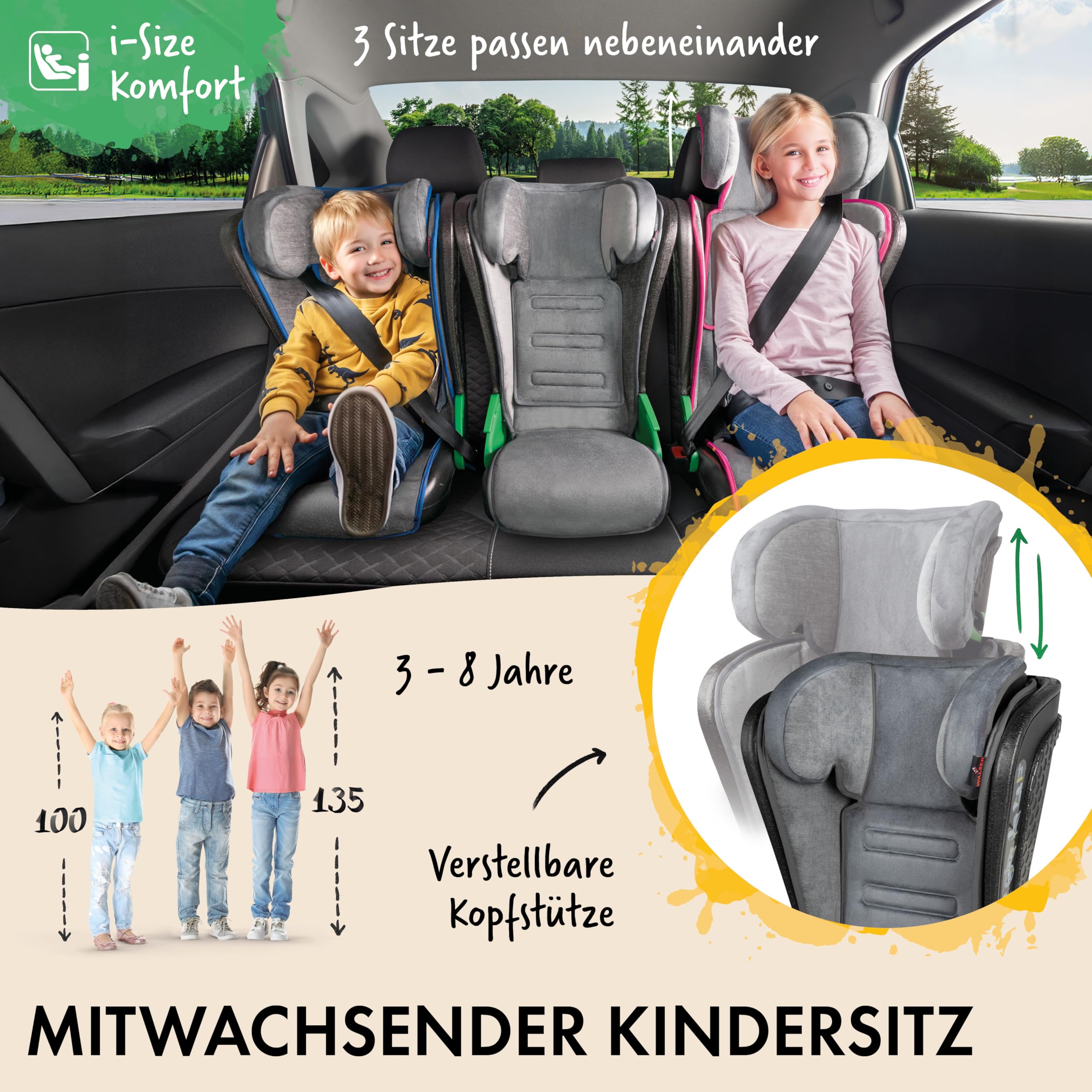 WALSER Auto Kindersitz Noemi, extra schmaler Reisekindersitz 3-8 Jahre 100-135 cm, klappbare Sitzerhöhung ECE R129 waschbar Schwarz/Blau