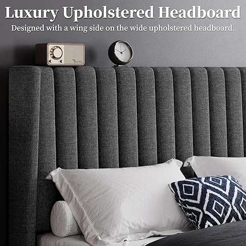 Miniatura 61 de Yaheetech - Base de cama matrimonial, plataforma tapizada con cabecera de borde ala, base de colchón de tela capitoné cuadrada, soporte de listones