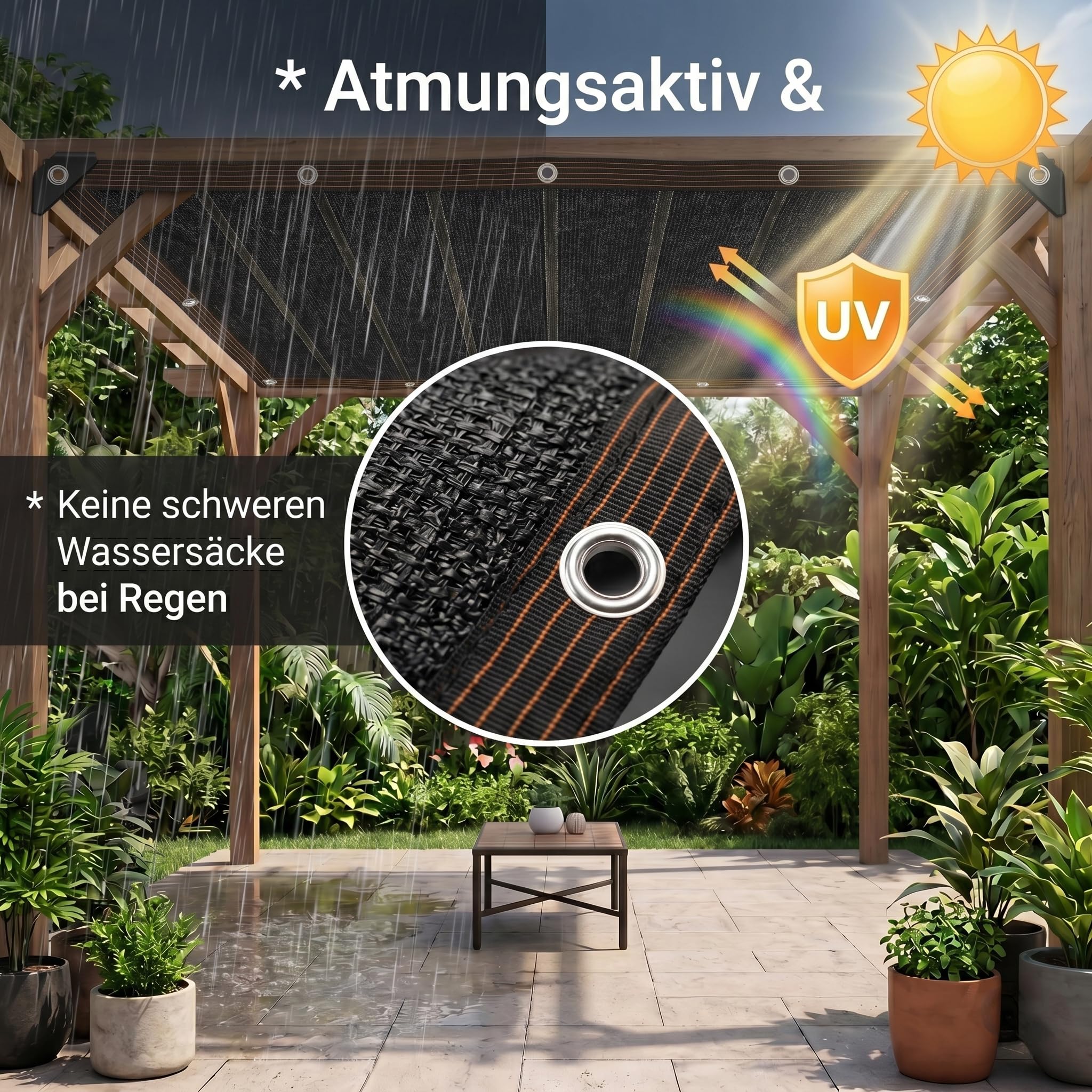 Schattierungsnetz 4x4m/3x4m Schwarz mit Ösen – 85g/m² Großflächiger Sonnenschutz & Sichtschutz – Verstärktes Netz mit Anti-Durchhang-Rippen für Pergola, Garten, Carport & Gewächshaus