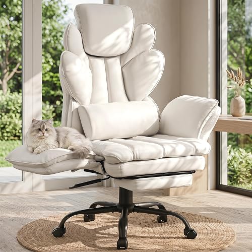 Flip Armrests Criss Cross Office Chair, Reclining Office Chair with Foot Rest, Adjustable Headrest, Massage Waist Pillow, Cross Legged Big and Tall Desk Chair Wide Seat Vanity Chair, White PU Leather - White