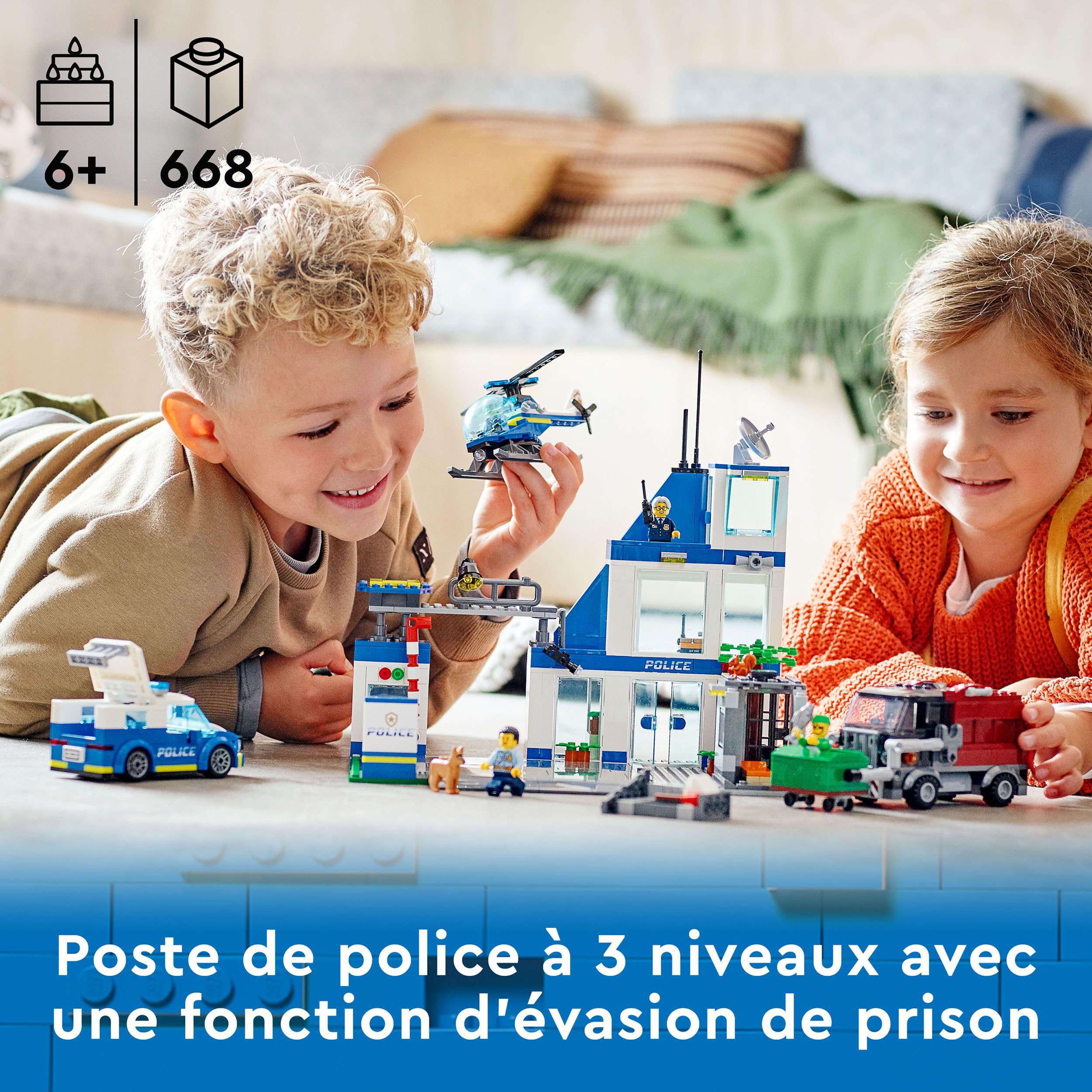 LEGO 60316 City Le Commissariat de Police, Jouet de Voiture, Camion de Poubelle et Hélicoptère, Figurine de Chien, pour Garçons et Filles de 6 Ans
