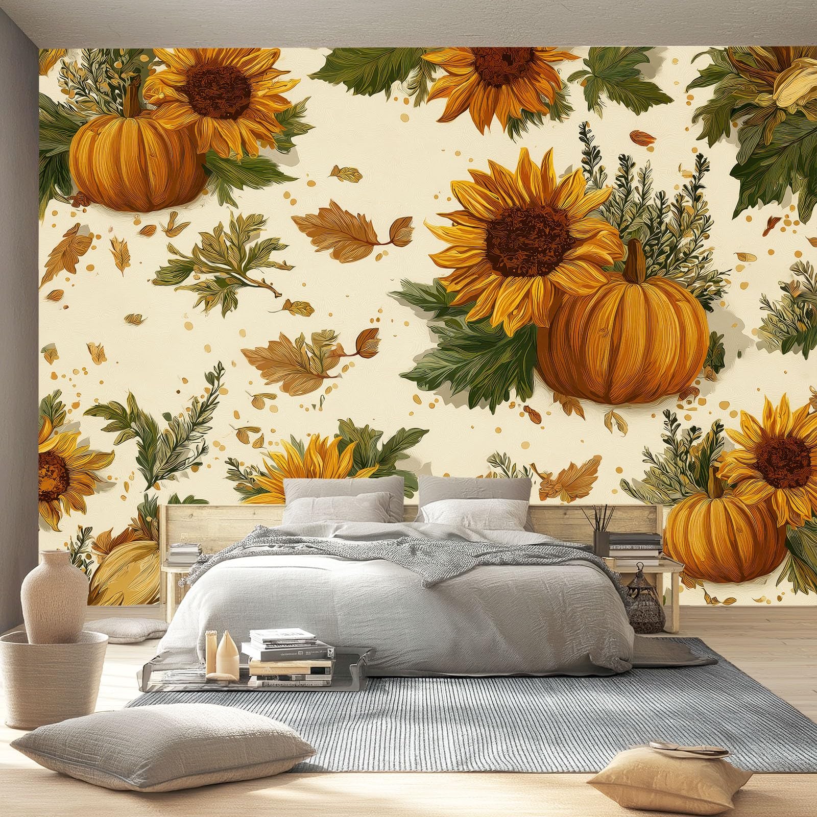 Kolorowa tapeta - wykwintne słoneczniki dynie liście fototapeta - murale ścienne do biura salonu sypialni sofy tło telewizora duży mural plakat - dekoracja domu sztuka - 400 x 280 cm (szer. x wys.)
