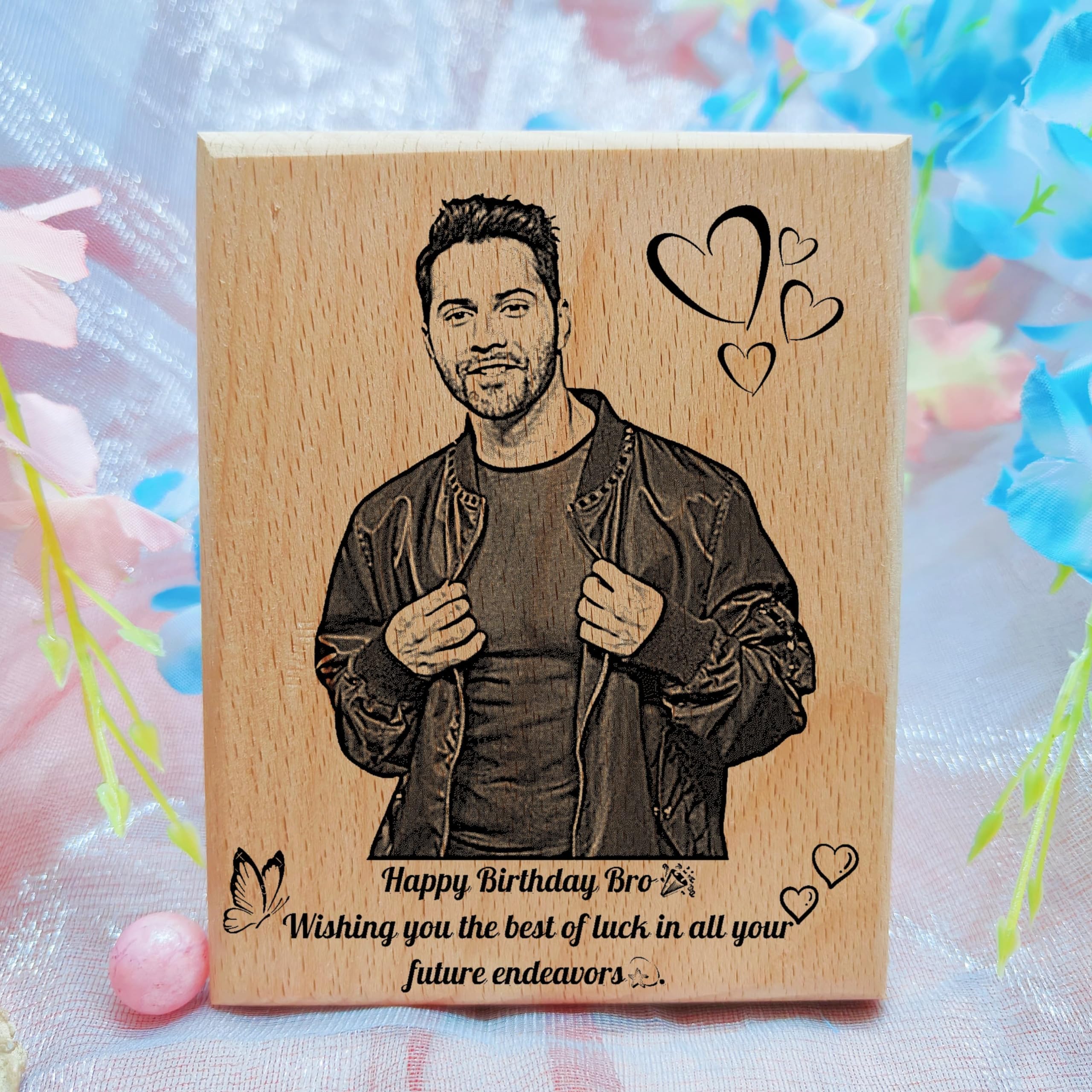Happy Birthday Personalized, Customized Birthday Gift Engraved Wooden Rectangular Tabletop, Wall mount Photo Frame | Wooden Plaque For Brother (4X5 inch)