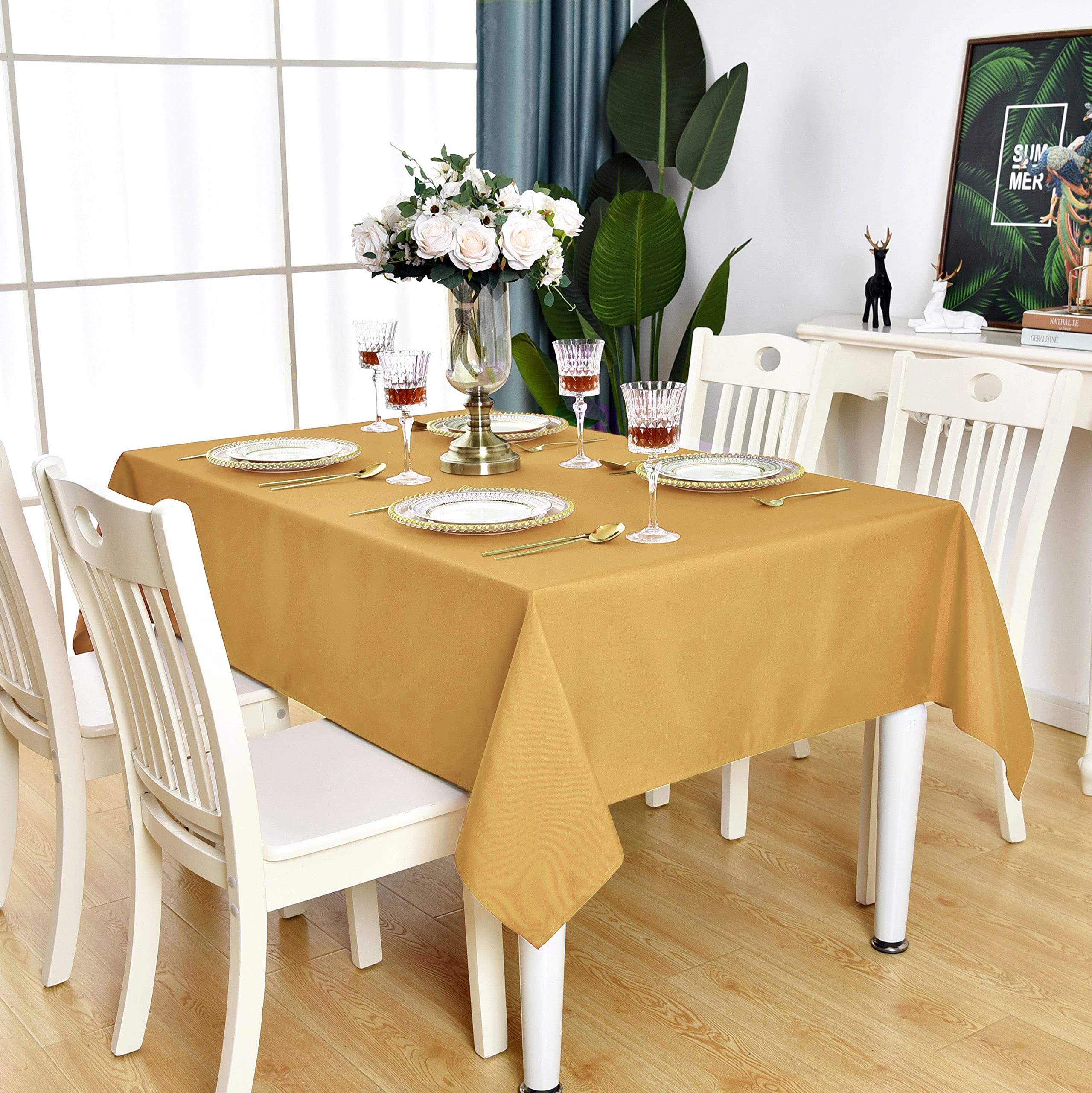 Goldfarbene rechteckige Tischdecke, wasserdicht, schmutzabweisend, knitterfrei, 210 g/m², Polyester, abwischbare Tischdecke für Party, Bankett, Innen- und Außenbereich, rechteckig/länglich,