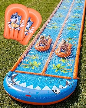 405.9FT Heavy Duty Slip and Slide with Sprinkler and 2 Boards, Water Slide for Adults with 3-Way Water Sprinkler, Giant Slip n Slide for Outdoor Backyard Lawn Kids Teens and Adults Blue&Orange