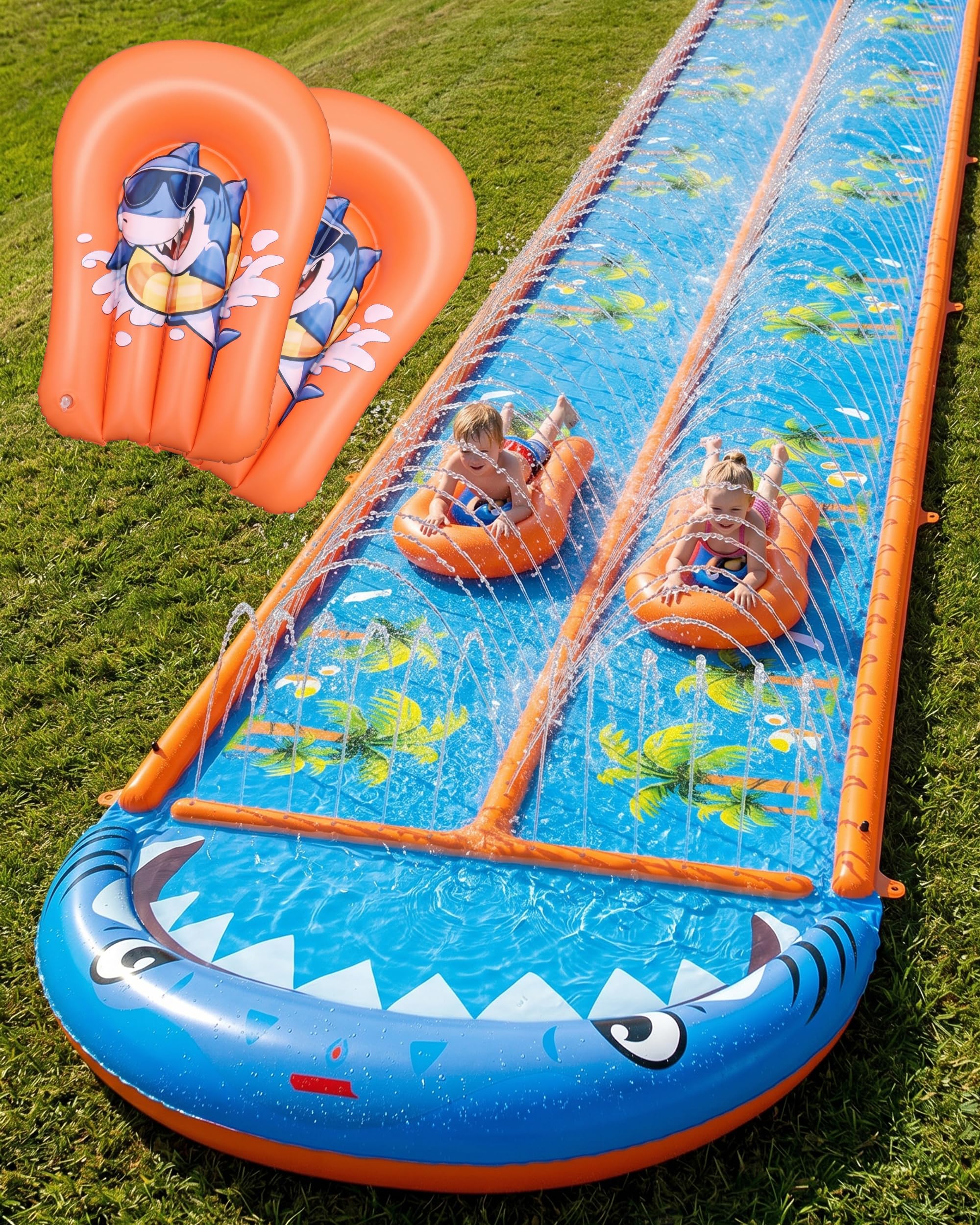 Photo 1 of 40×5.9FT Heavy Duty Slip and Slide with Sprinkler and 2 Boards, Water Slide for Adults with 3-Way Water Sprinkler, Giant Slip n Slide for Outdoor Backyard Lawn Kids Teens and Adults (Blue&Orange)