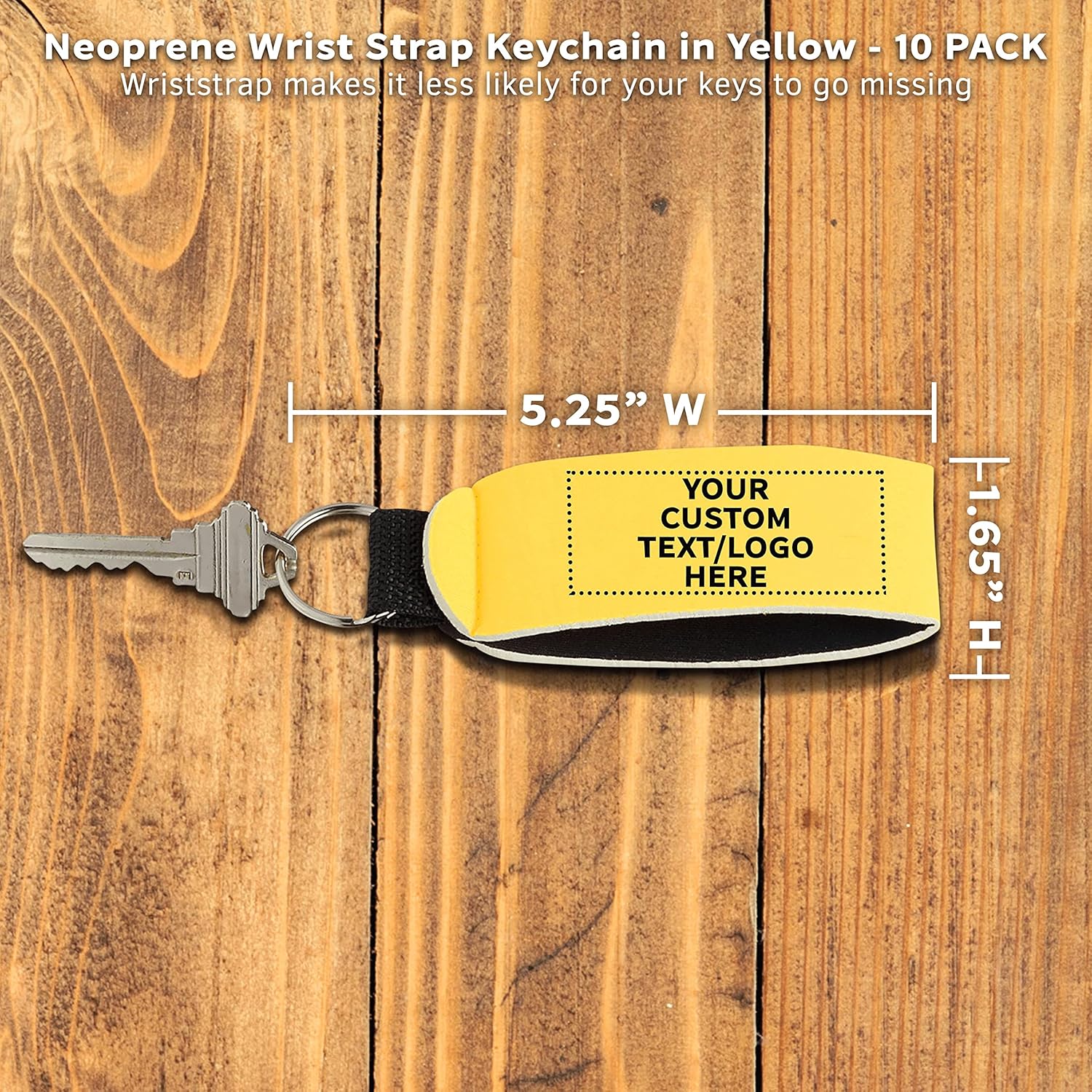 DISCOUNT PROMOS 10 Neoprene Strap Keychains Set - Customizable Text, Logo - Stretchable, Split-ring, Vibrant - Yellow