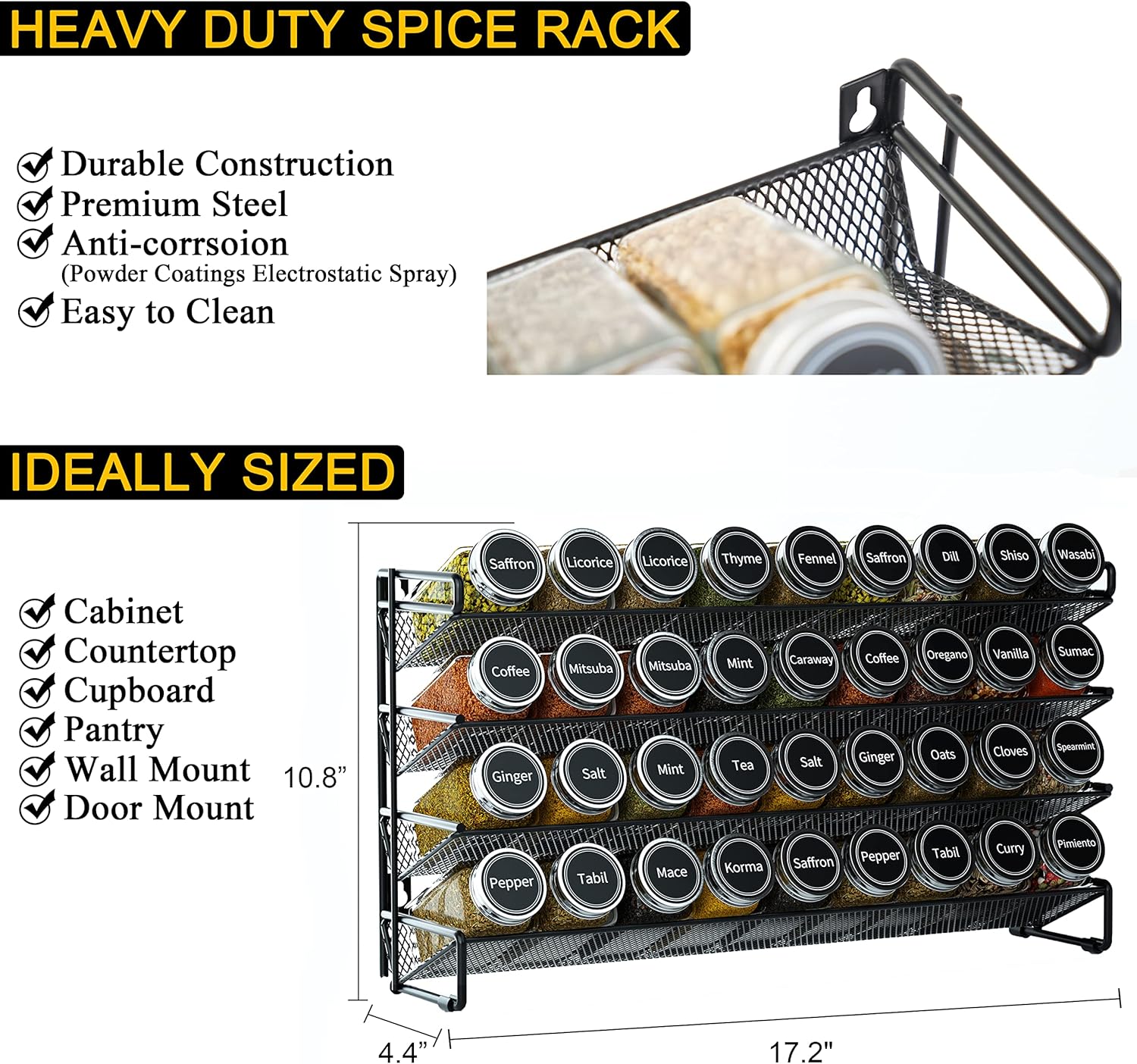 SpaceAid Spice Rack Organizer with 36 Spice Jars, 386 Spice Labels, Chalk Marker and Funnel Set for Cabinet, Countertop, Pantry, Cupboard or Door & Wall Mount - 36 Jars, 17.2" W × 10.8" H, Black - Image 4