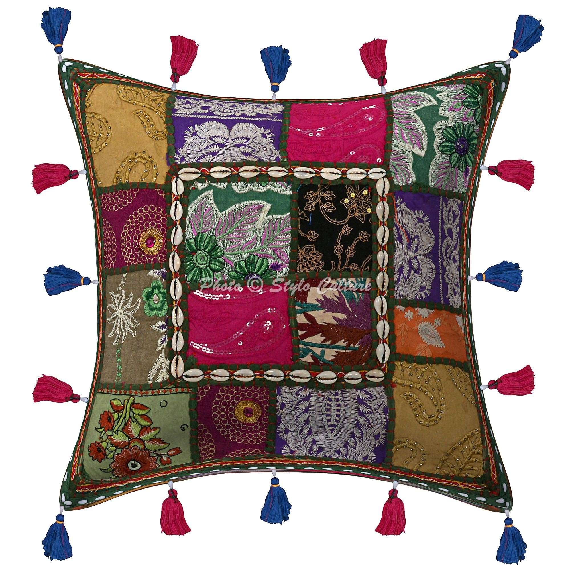 Indische Dekorativ Baumwolle Sofa Kissenbezüge 40x40 cm Dunkelgrün Dekokissen Gesticktes Patchwork Wohnzimmer Couch Kissenhullen Blumen Quadrat Umschlagverschluss Kissen Bezüge - 4 STK.