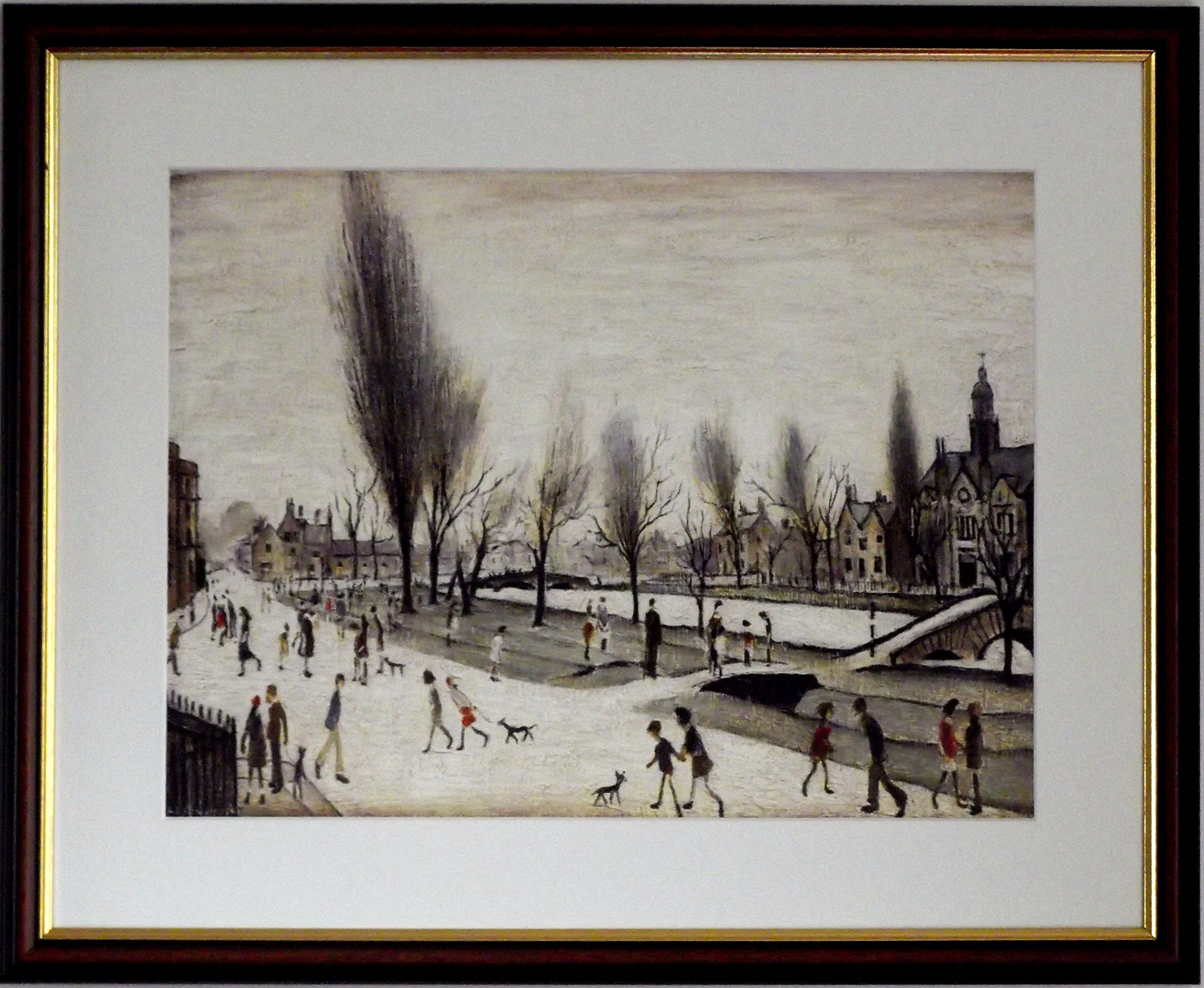 Stateoftheart-Uk Walnut Finish Frame With Soft White Mount And Large Image Authentic Uk Handcrafted L S Lowry Print - Bourton On The Water - 21 X 17Inch Walnut Finish Frame With Mount And Large Image