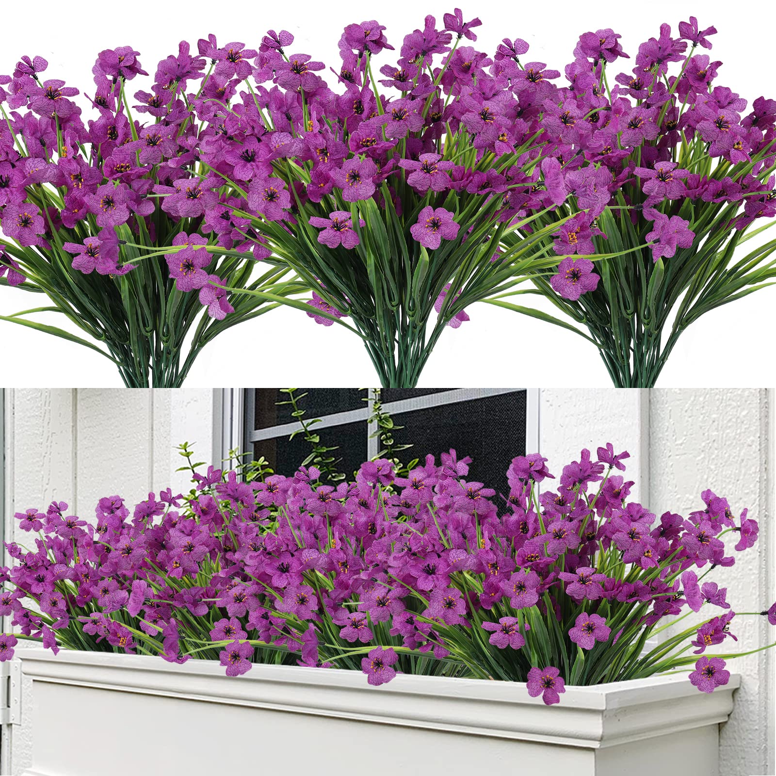 RECUTMS 8 Bundles Artificial Violet Flowers UV Resistant Fake Faux Greenery for Flower Arrangement Large Silk Plants Outdoor Home Garden Front Door Window Wall Decoration (Purple)
