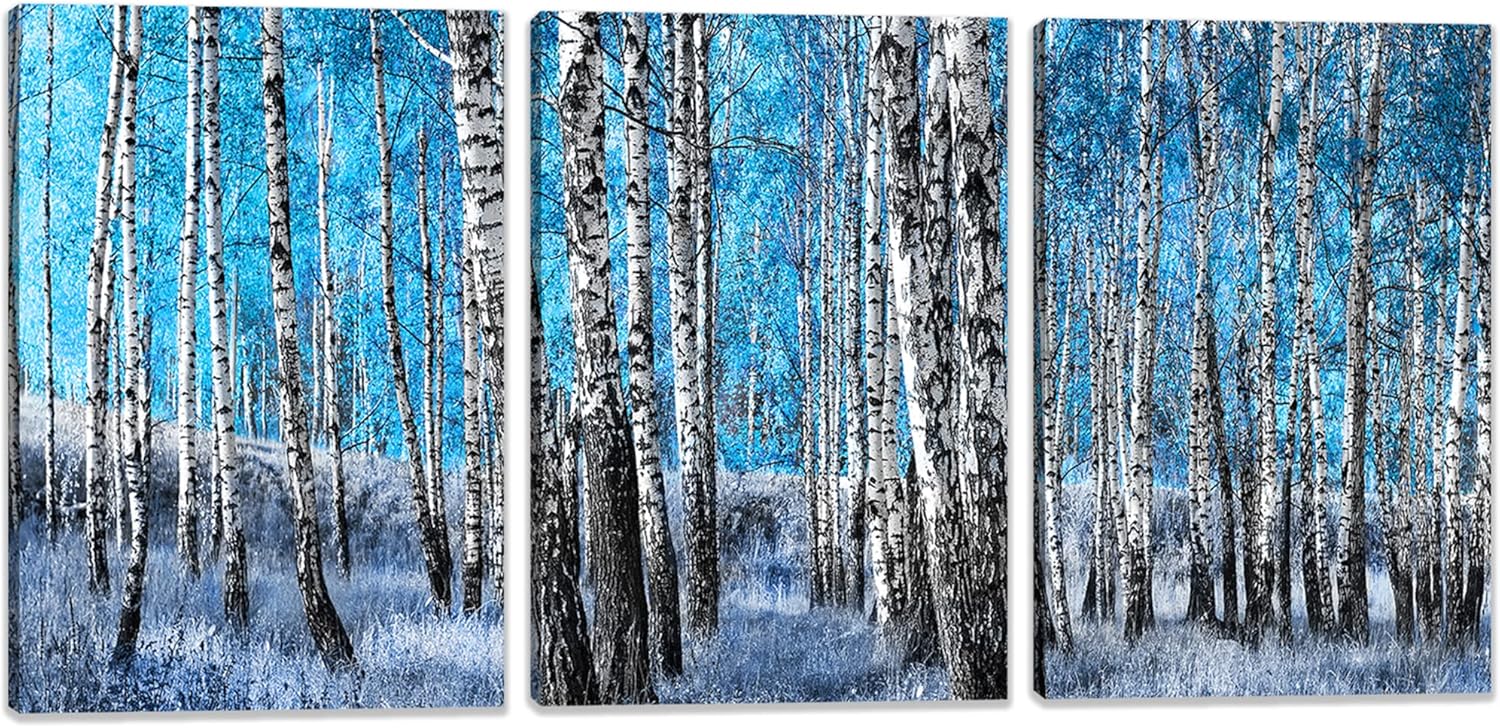 3 Piece Canvas Wall Art for Living Room, White Birch Trees in Blue Forest Painting Artwork Picture for Bedroom Office Home Wall Decorations blue 16"x28"x3Pcs