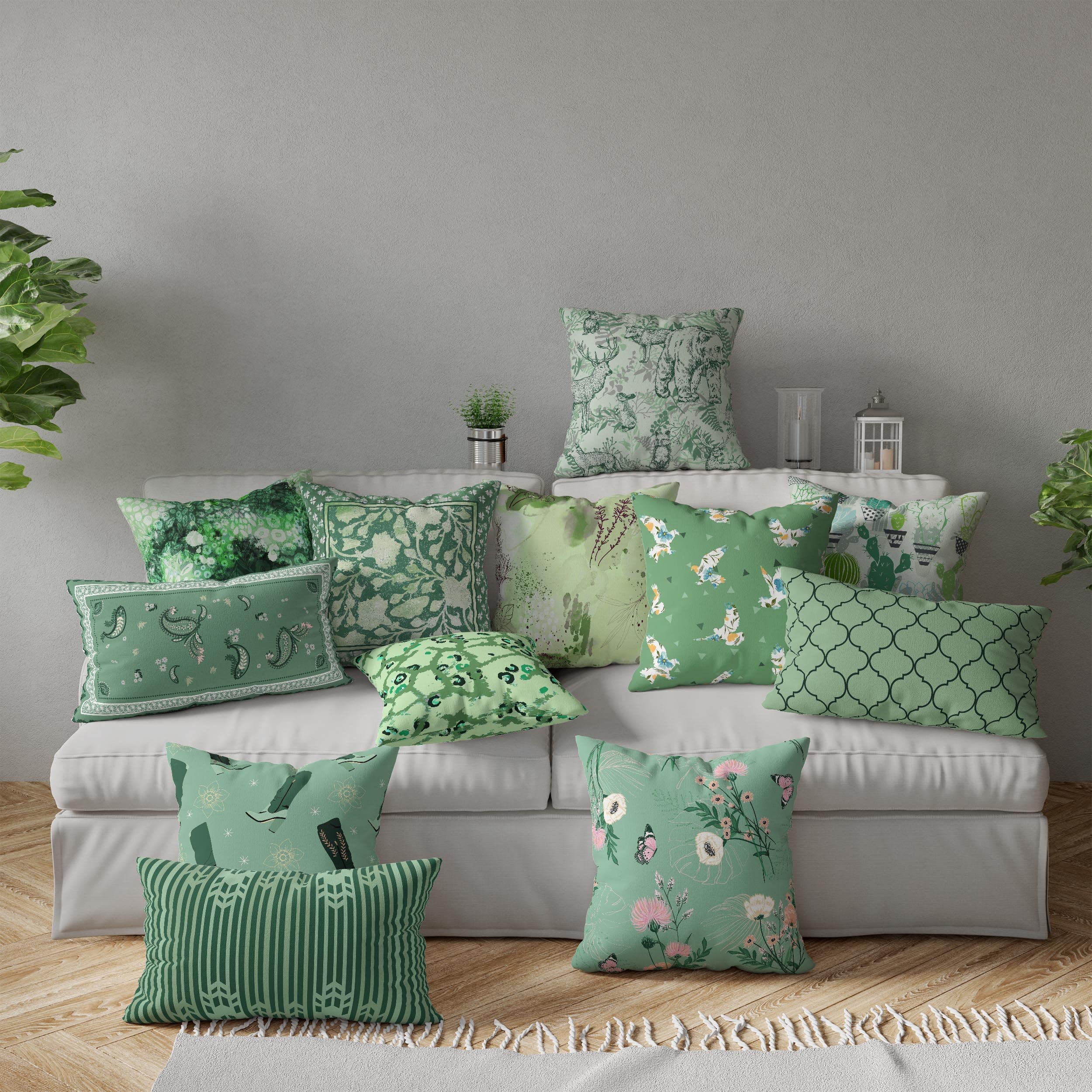 S4Sassy Federa Per Cuscino Floreale Verde - Scegli Materiale E Dimensione, Cerniera Invisibile