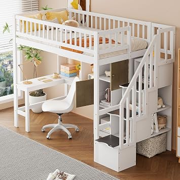 Twin Size Loft Bed with Stairs and Desk, Wood Loft Beds Frame with Storage Shelves and Cabinets, Loft Bed Frame with LED Lights for Kids, Teens, Adults, White