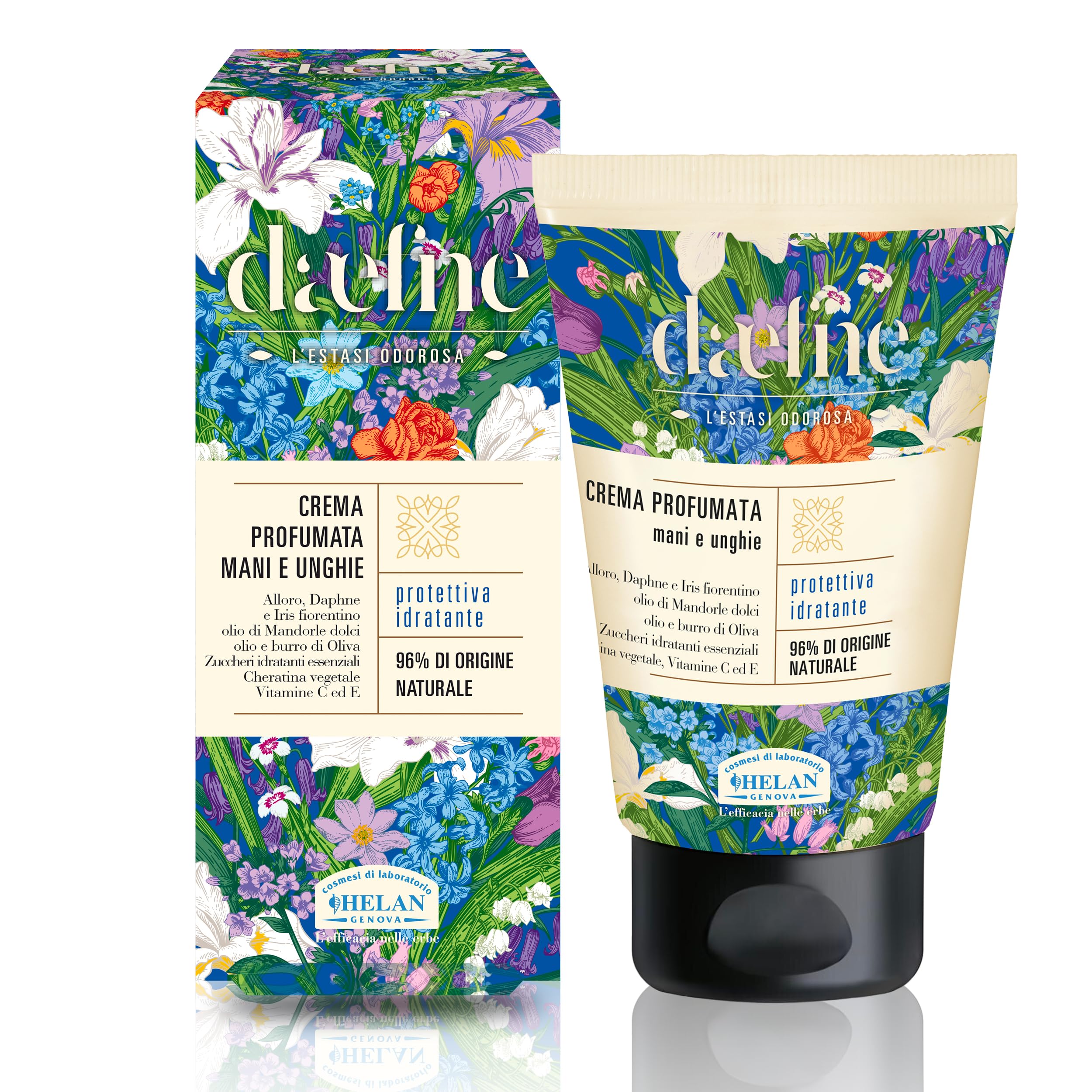 Helan Daefne – Creme für trockene und rissige Hände mit Vitamin C und E, revitalisierende Nägel mit pflanzlichem Keratin, Feuchtigkeitscreme mit süßem Mandelöl, 96% natürlichen, 50 ml, Made in Italy
