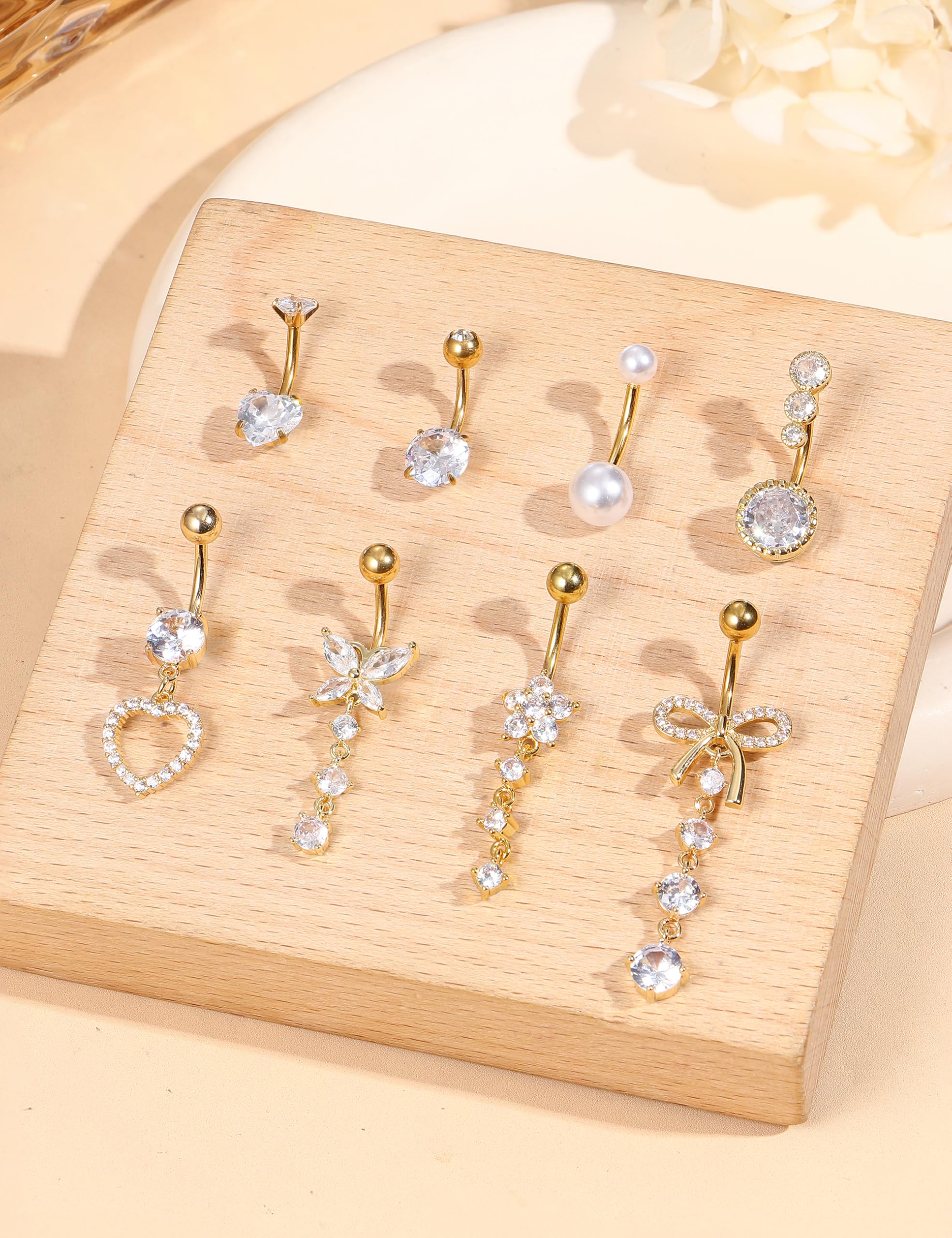JeryWe 8Piezas Piercing Ombligo Acero Quirurgico Kit Piercing Nombril Hipoalergénicos Anillo Ombligo Colgante Acero Inoxidable 14G Cubic Zirconia Set Piercings Oro/Plata — view 3