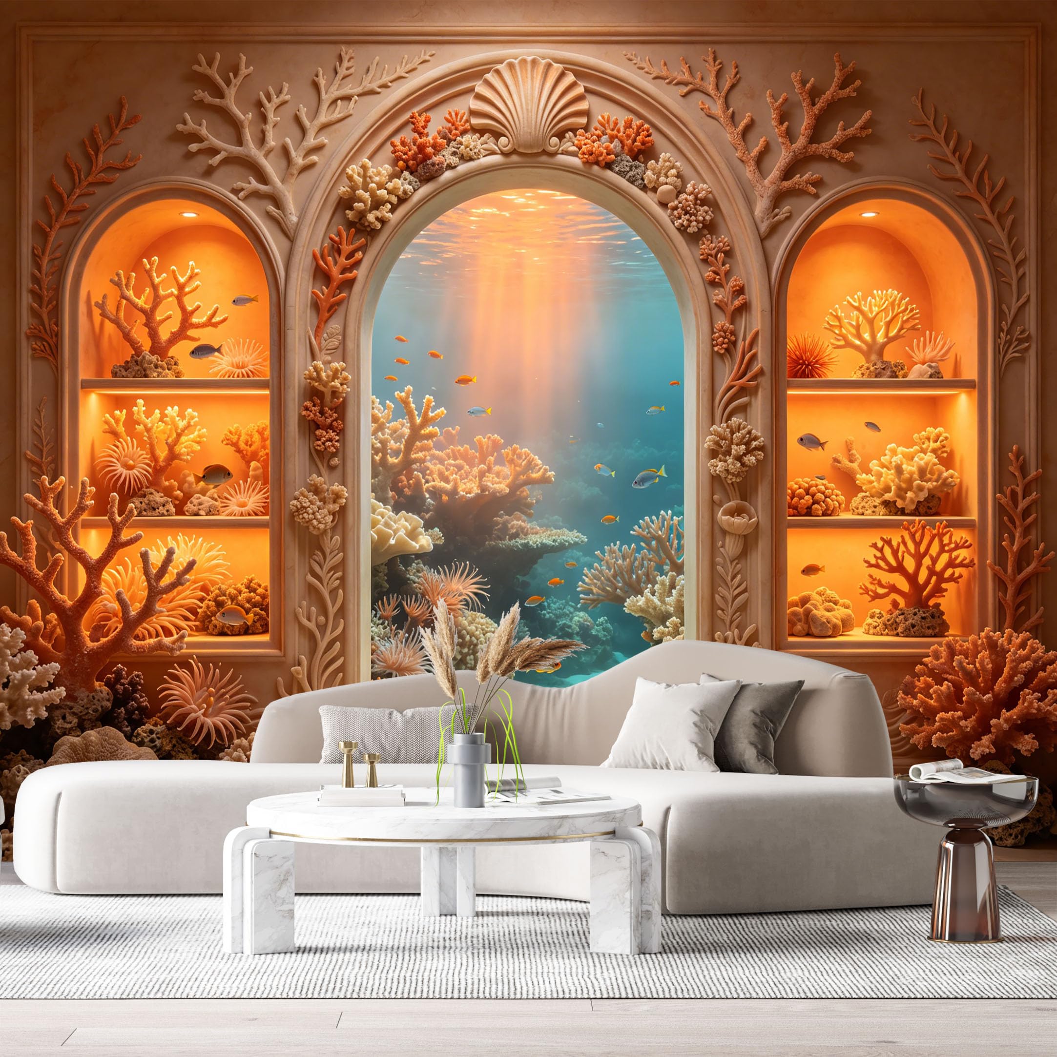 Custom Size Wall Murals Fantasy Ocean Marine Architecture Coral Reef 3D Trompe L'Oeil SelfAdhesiveWall Fabric Removable Wallpaper Wall Decor for Living Room Bedroom Bathroom