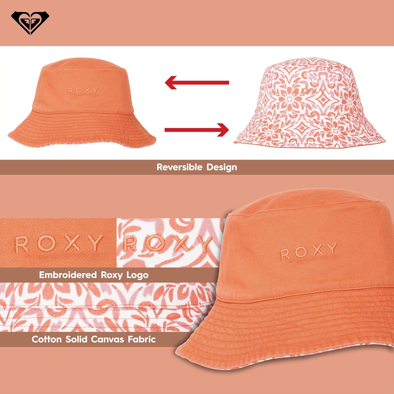 Roxy Women's Jasmine Paradise Reversible Bucket Hat – 100% Cotton, Lightweight & Packable Hat for Beach or Festival