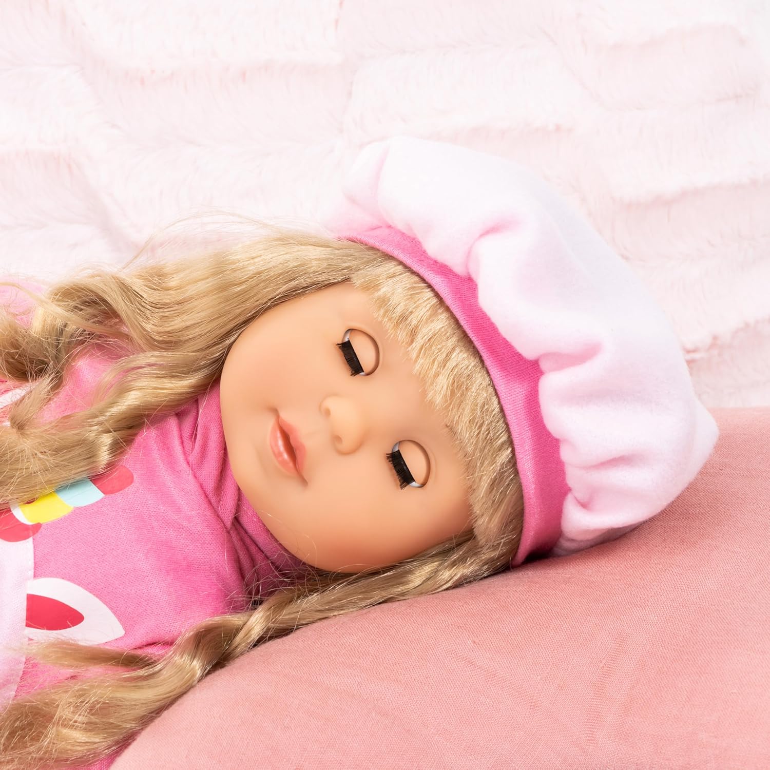 Bayer Design: Charlene 18" Doll: Interactive Sounds - Kiss & Laugh - Pink Unicorn Outfit, Long Curly Blonde Hair, Storage Suitcase-Accessories, Kid 3+