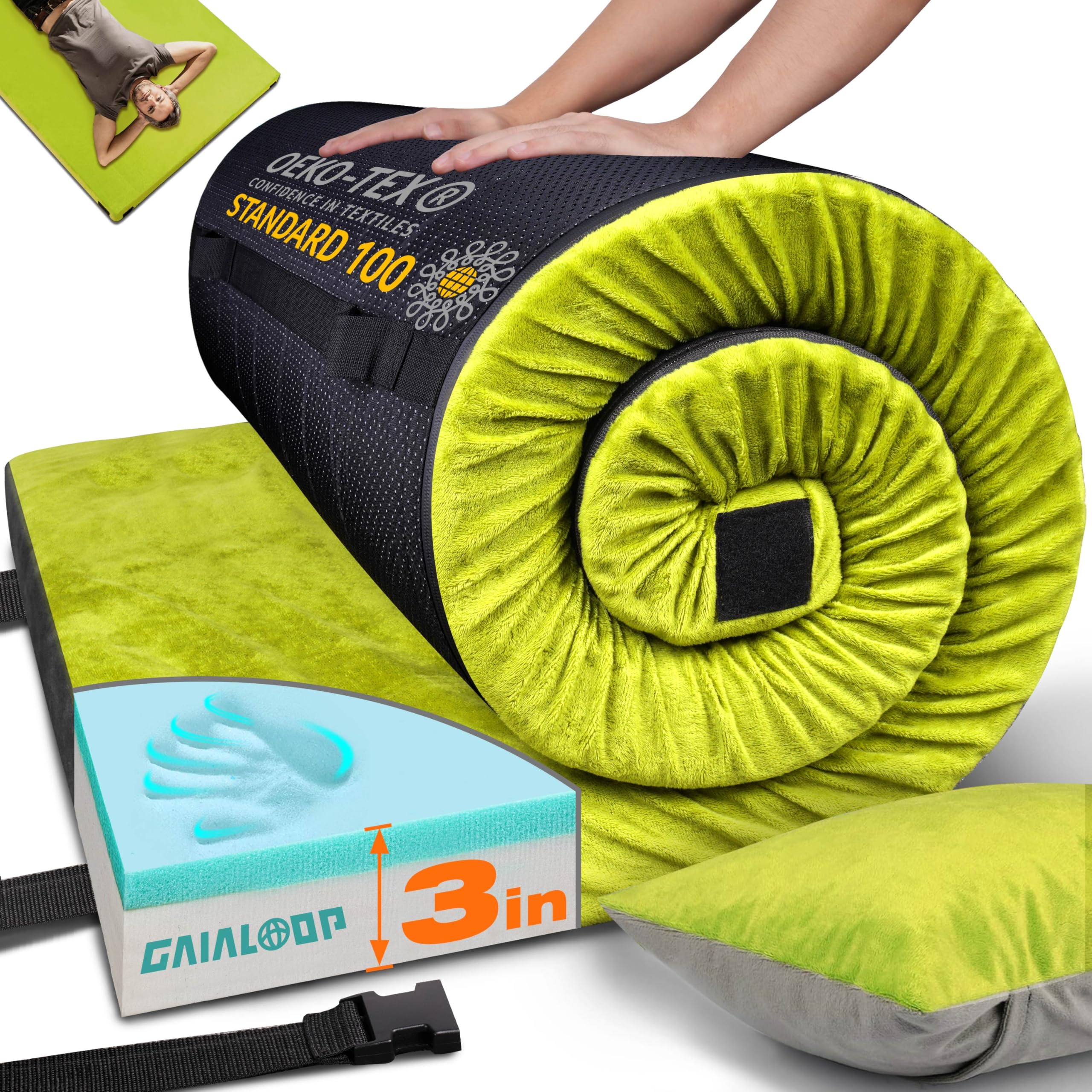 gaialoop 3 inch memory foam camping mattress, dual layer thick sleeping camp pad for car tent cot, roll-up portable glamping floor bed for guests sleepover