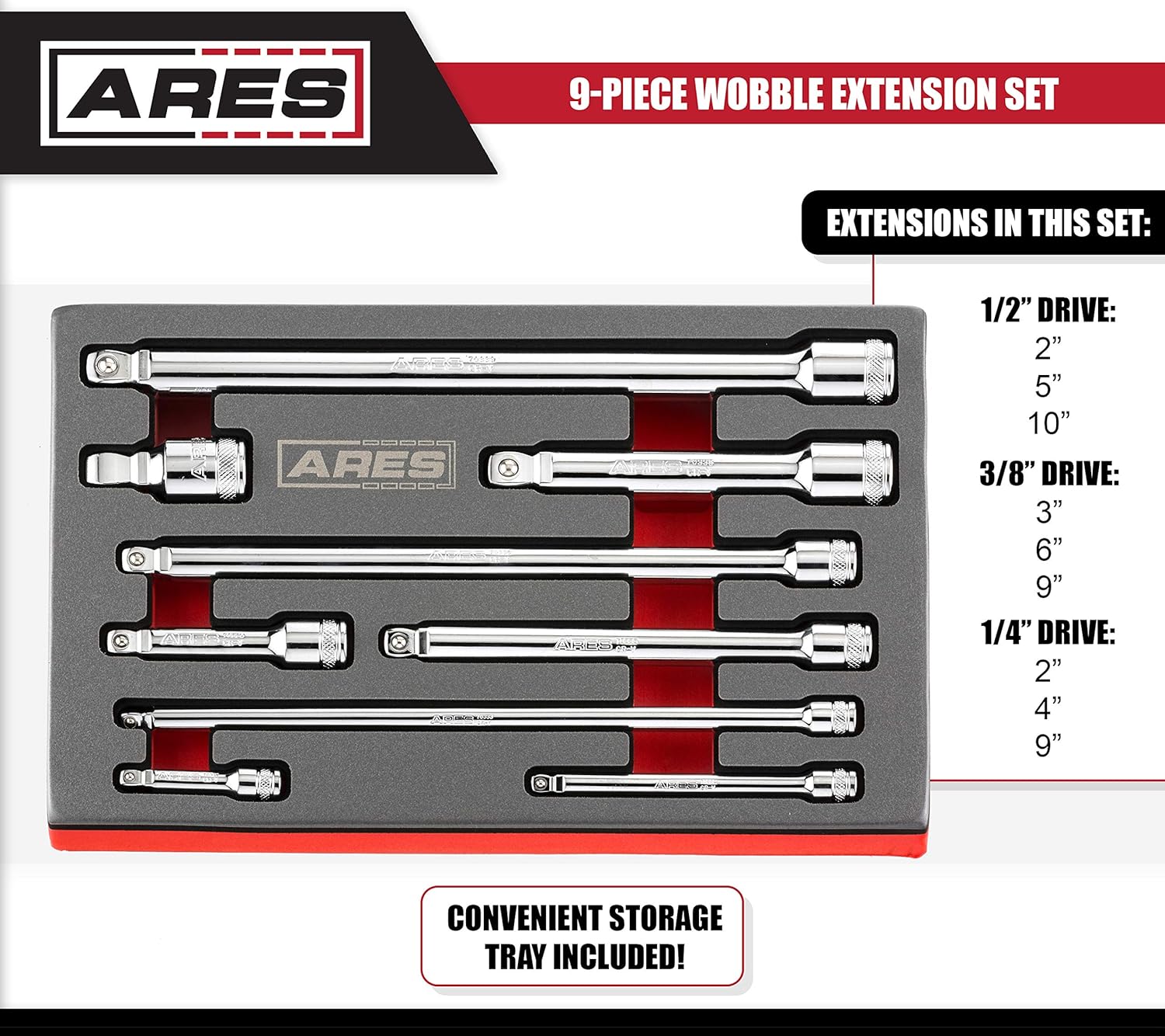 Flаѕh Dеаlѕ - 60% оƒƒ ARES 70330 - 9-Piece Wobble Extension Set - Premium Chrome Vanadium Steel Construction - 1/4-inch, 3/8-inch and 1/2-inch Drive Sizes Included - Storage Tray Included
