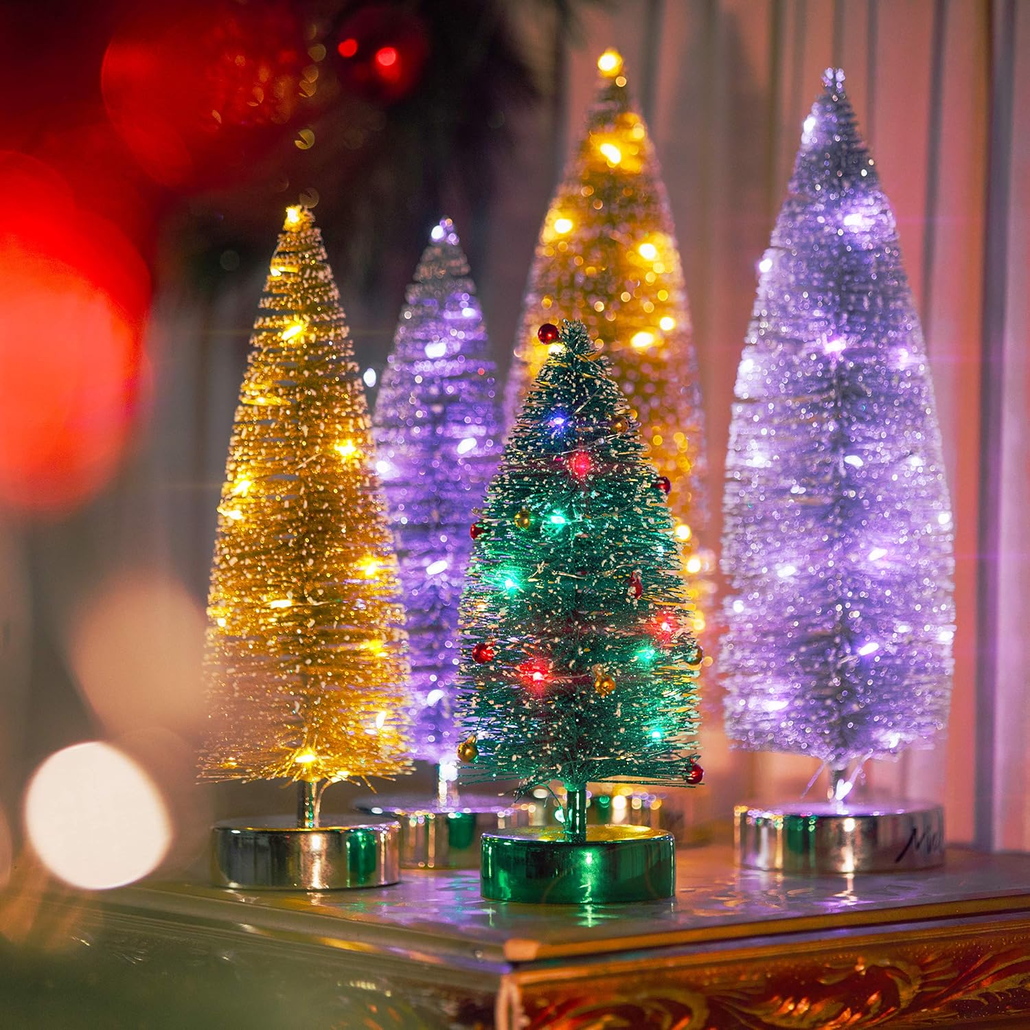 Varmax Prelit Chrismas Tree Glitter Tabletop Tree Bottle Brush Trees 13.8'', Green