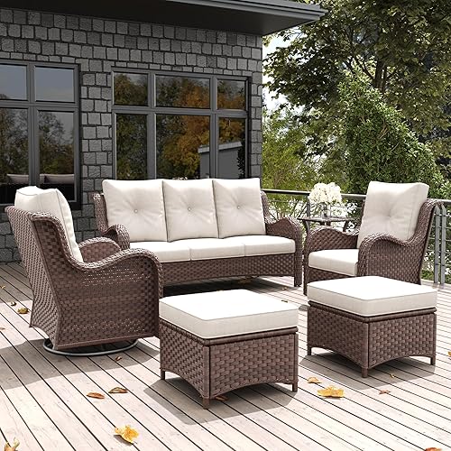 6 Pieces Outdoor Patio Furniture Set, Rattan Wicker Sectional Swivel
