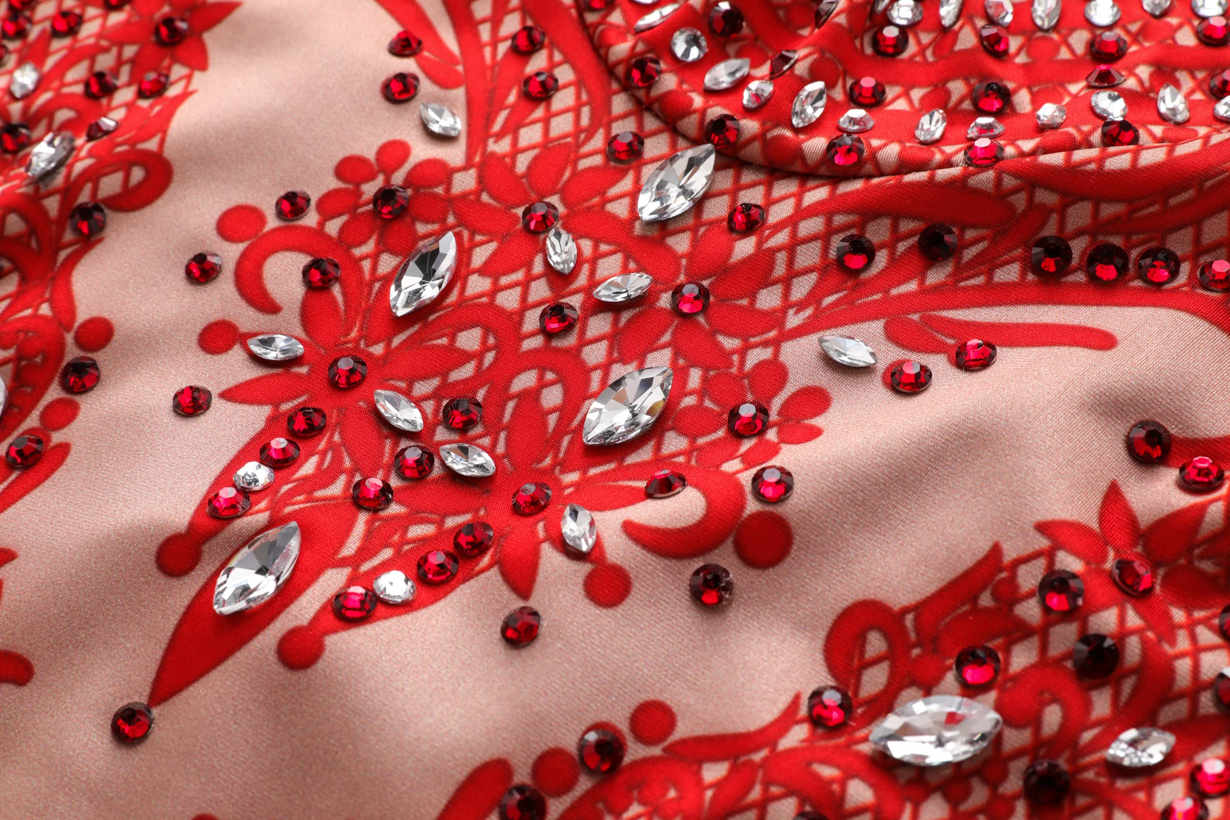 Roter Strass-Body, Tanzkostüm, für Damen, atemberaubend, langärmelig, Drag Queen-Outfit, sexy Club-Nachthemd-Jumpsuits