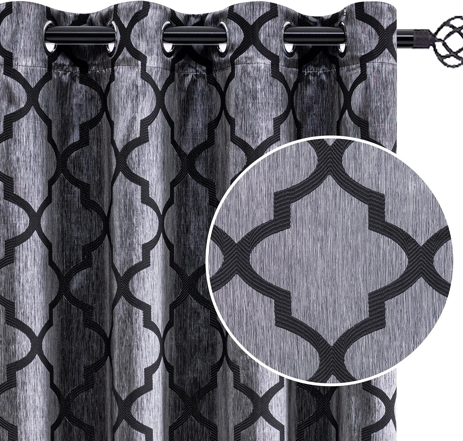 NAPEARL Black Colour Window Grommet Curtains for Living Room Darkening Curtains 2 Panels Morocco Jacquard, Bedroom Thermal Insulated Windows Drapes Each Panels Wide 66 X 54 Inches Long