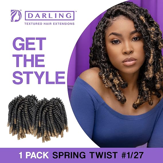 Darling Spring Twist 2X Crochet Hair Extensions (1 Pack, 2 per pack), Bomb Twist, Natural and Soft Texture, Black Afro curly 2X per Pack, 24 Inch, #1/27