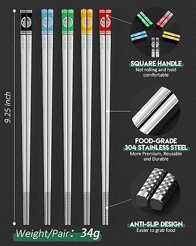 Miniatura 6 de GOESCHANGE 5 pares de palillos de metal, reutilizables, acero inoxidable 188, aptos para lavavajillas, para cocinar y comer, juego de regalo