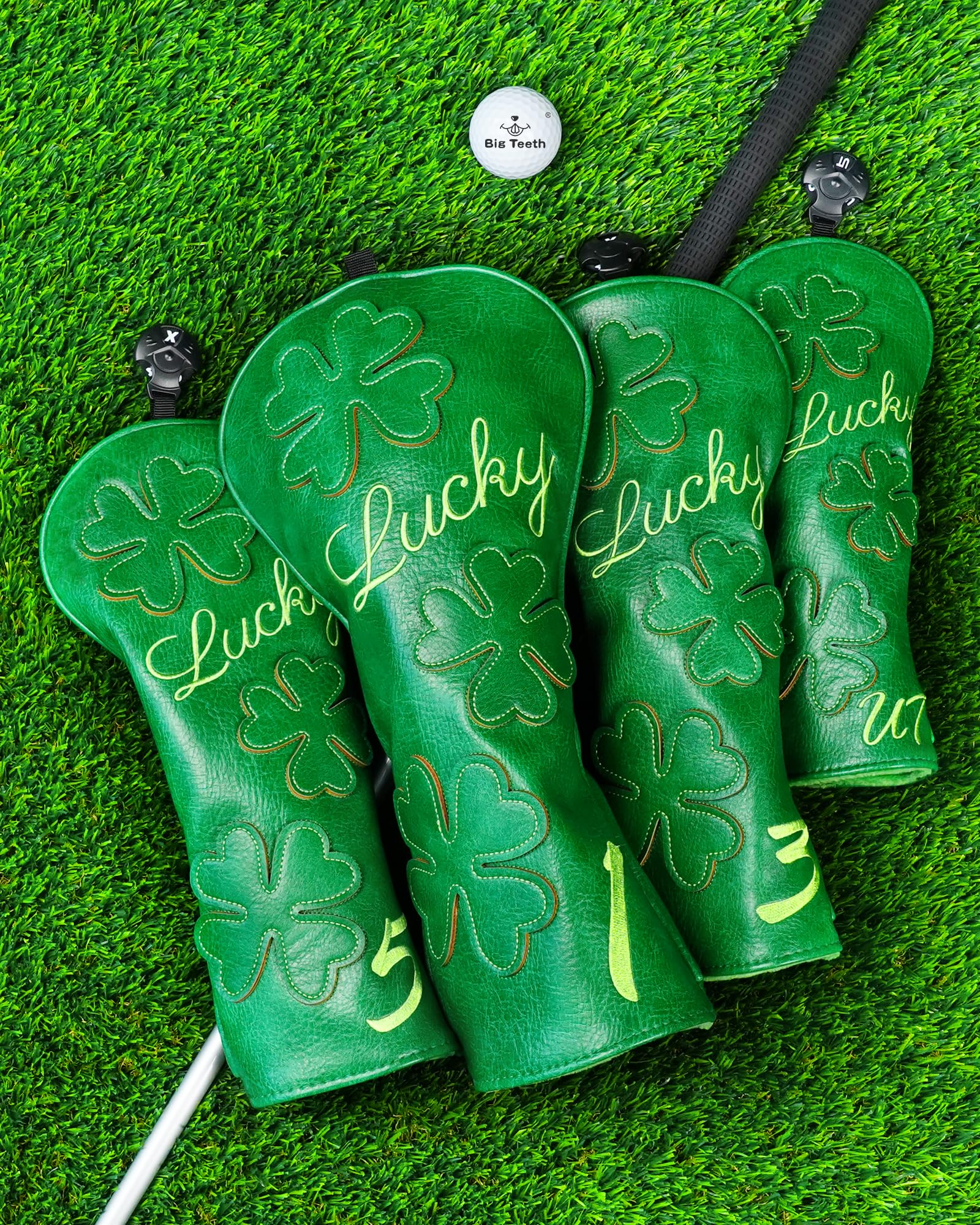 Golfschlägerkopfhauben für Fahrer/Fairwayholz/Hybrid/(1.3.5.UT)/Eisen/Putter, grünes PU-Leder, Kleeblatt