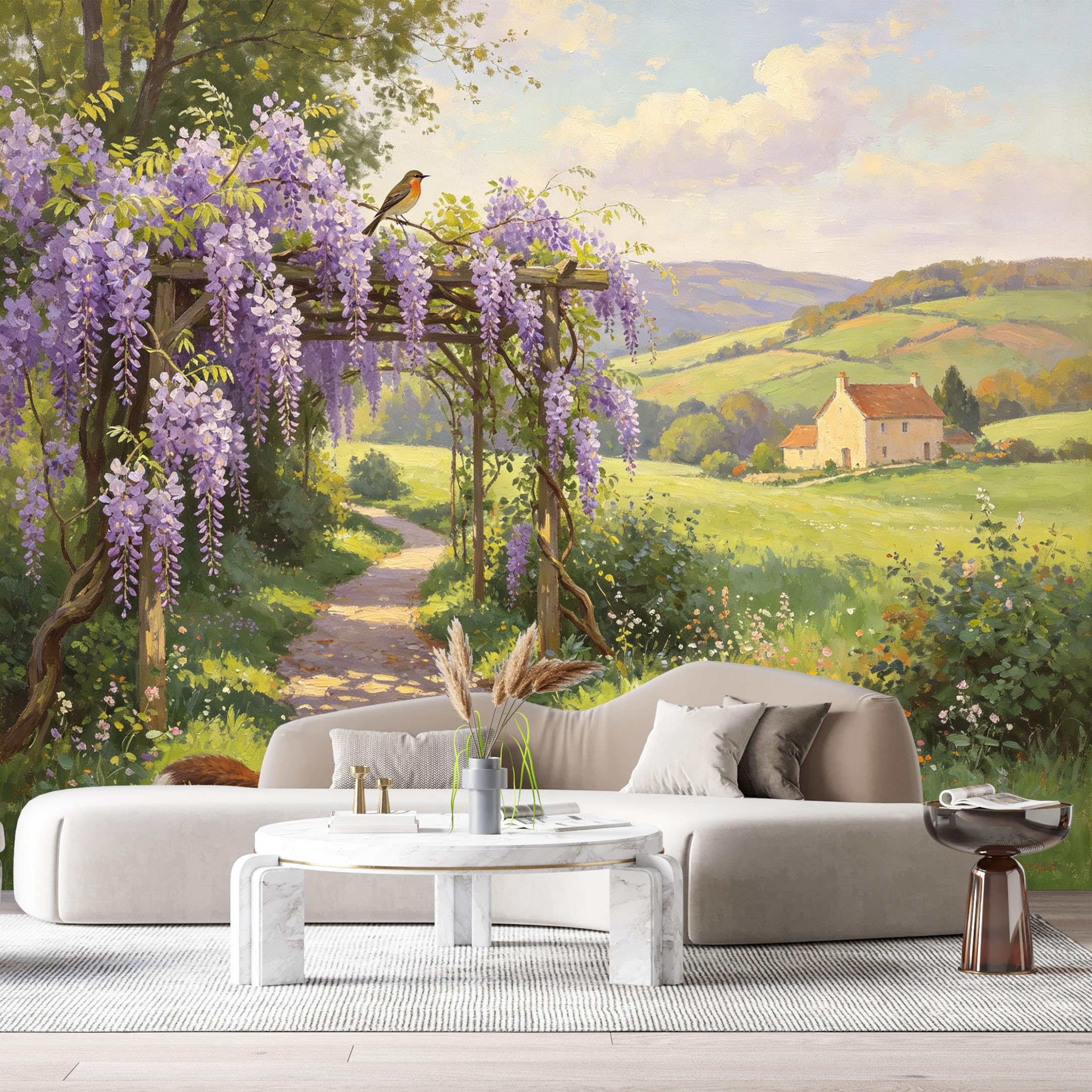Custom Size Wall Murals Farmhouse American Country Botanical Oil Painting Wisteria Pergola Path Cottage SelfAdhesive Wall Fabric Removable Large Wallpaper for Photo Living Room
